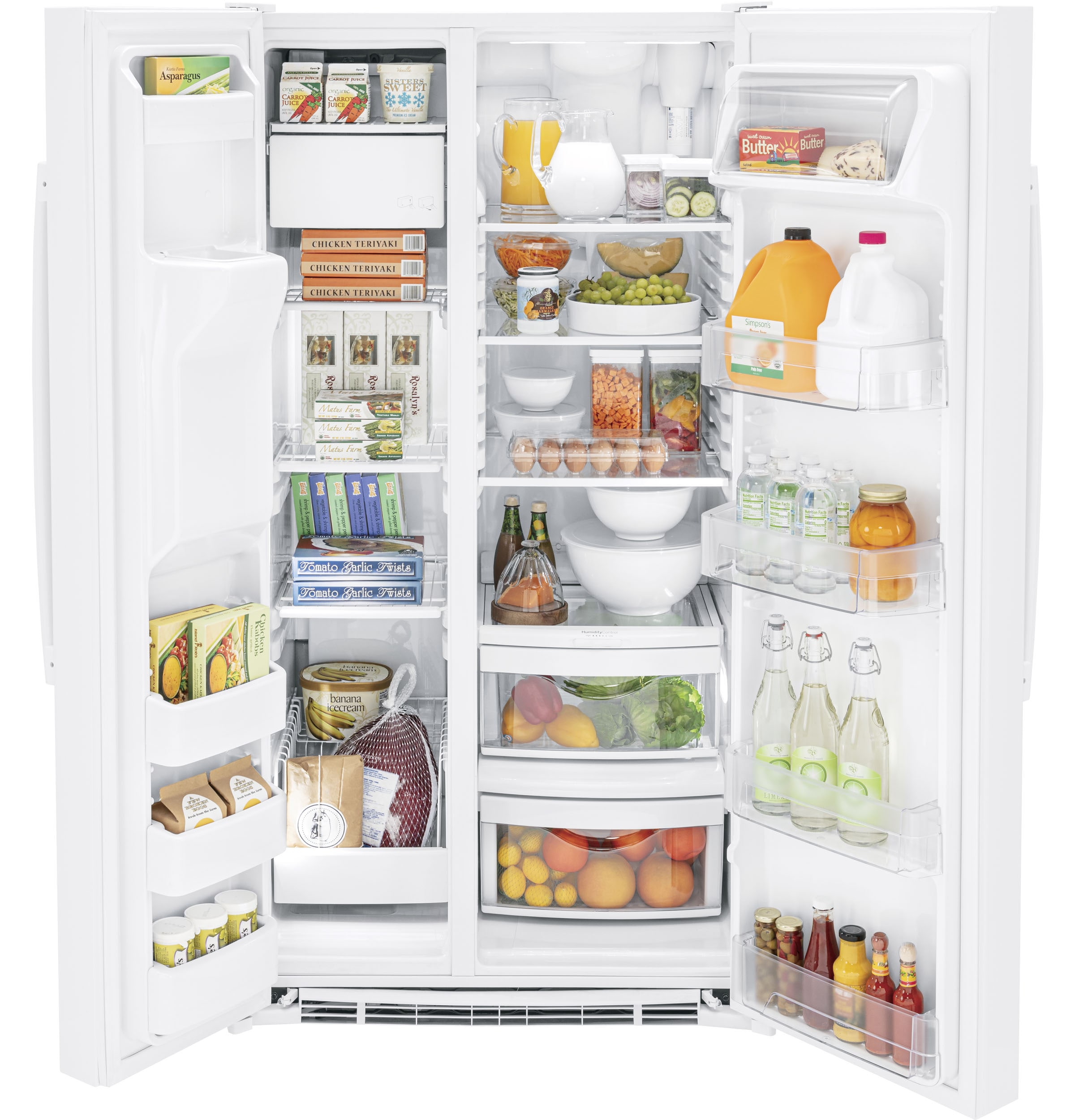 Refrigerador Side-by-Side de 25.3 pies cúbicos con fabricador de hielo, dispensador de agua y hielo (Blanco) Certificado ENERGY STAR - Modelo GSE25GGPWW