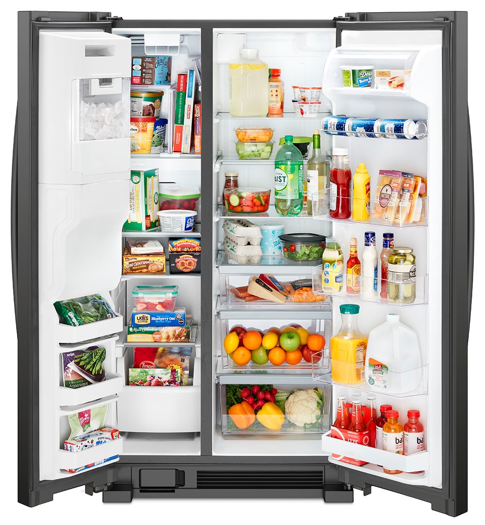 Refrigerador lado a lado Whirlpool de 24.5 pies cúbicos con fabricador de hielo, dispensador de agua y hielo (acero inoxidable negro resistente a las huellas dactilares) WRS555SIHV
