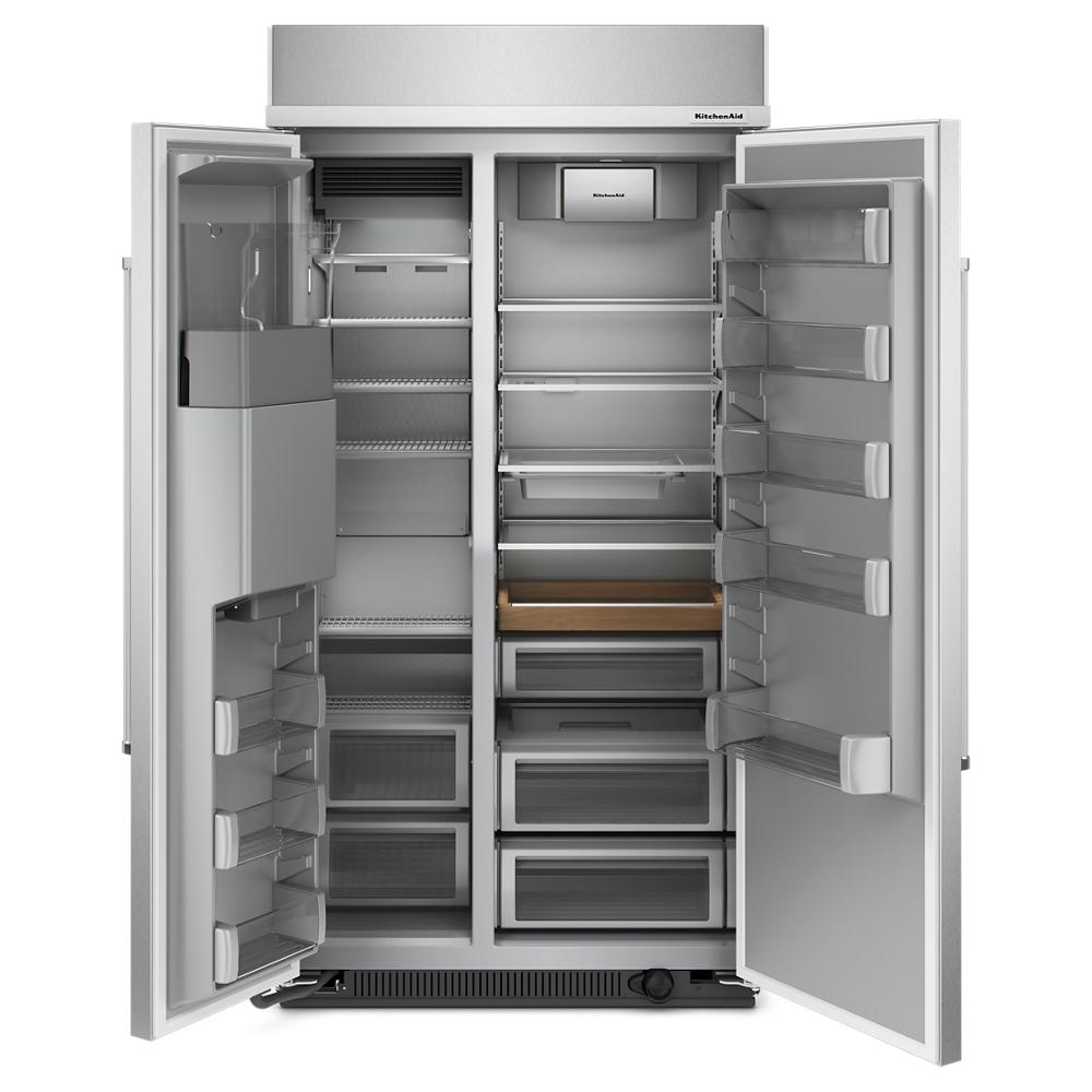 Refrigerador KitchenAid de 25.1 pies cúbicos estilo Side-by-Side empotrado con máquina de hielo, dispensador de agua y hielo (acero inoxidable con acabado PrintShield) Certificado ENERGY STAR KBSD702MPS