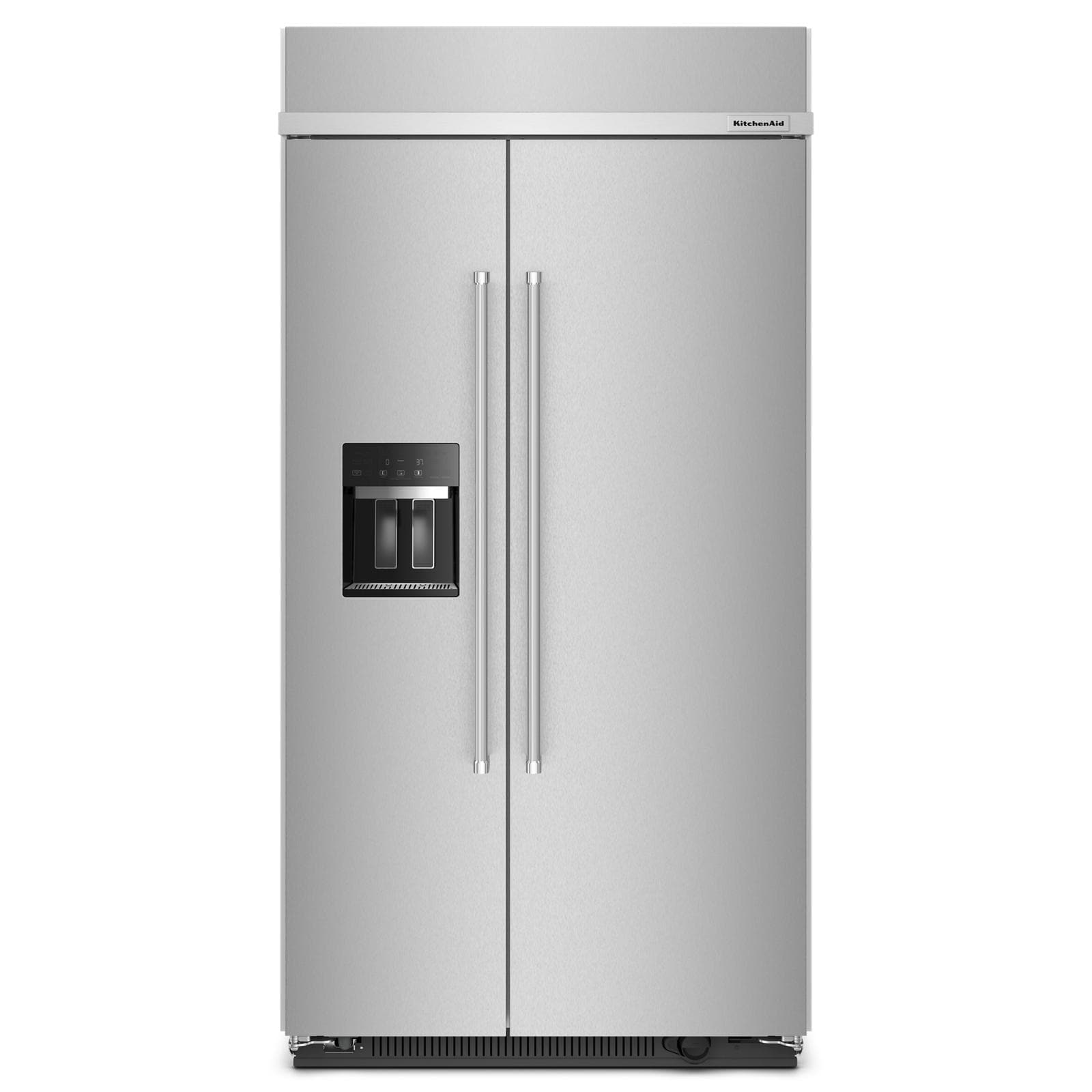 Refrigerador KitchenAid de 25.1 pies cúbicos estilo Side-by-Side empotrado con máquina de hielo, dispensador de agua y hielo (acero inoxidable con acabado PrintShield) Certificado ENERGY STAR KBSD702MPS