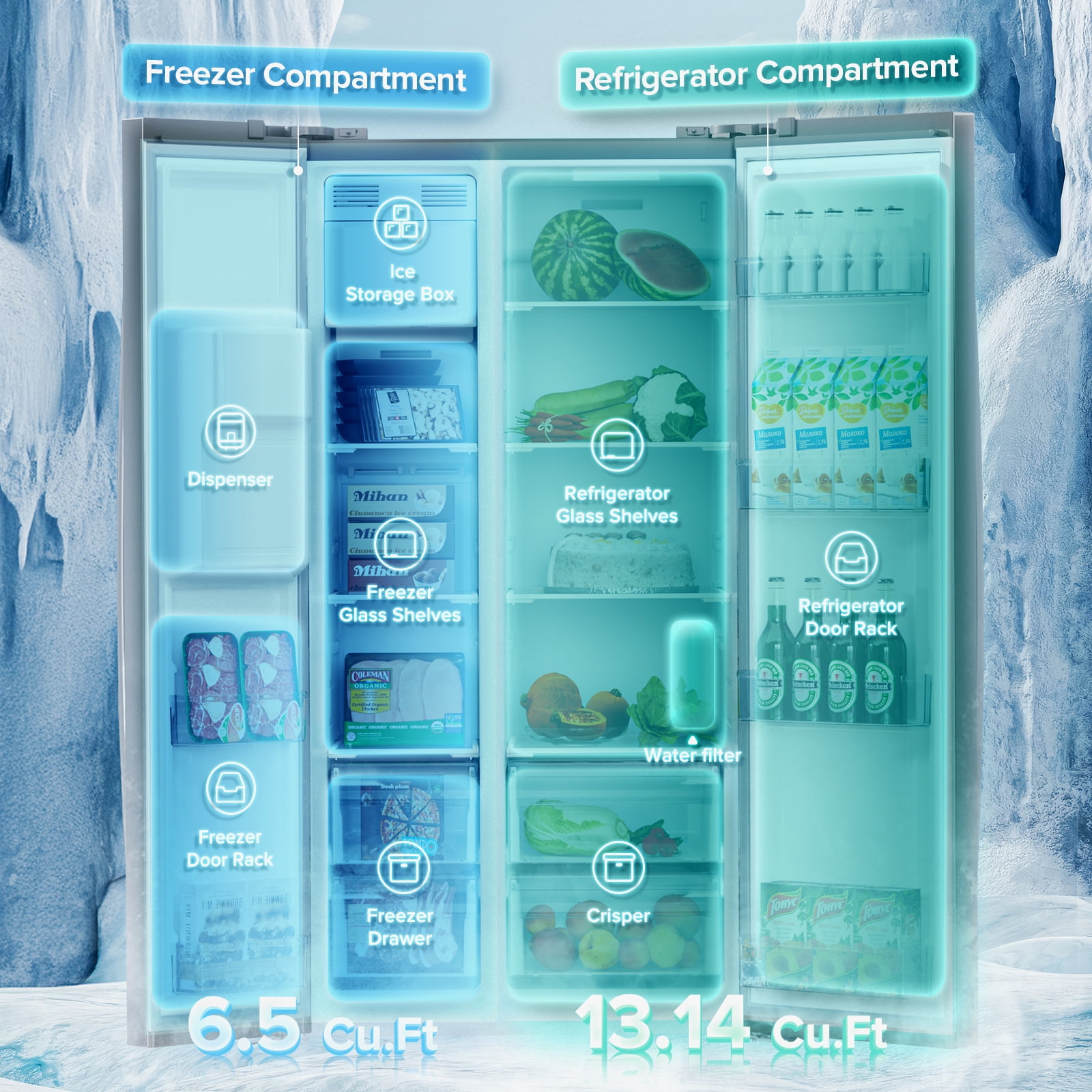 Refrigerador de 20.01 pies cúbicos de profundidad de mostrador con dispensador de hielo, agua y hielo - Plateado