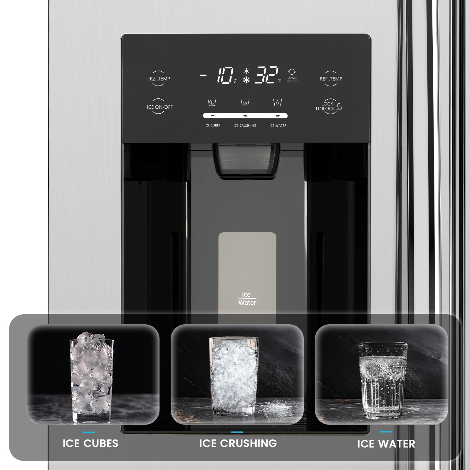 Refrigerador de 20.01 pies cúbicos de profundidad de mostrador con dispensador de hielo, agua y hielo - Plateado
