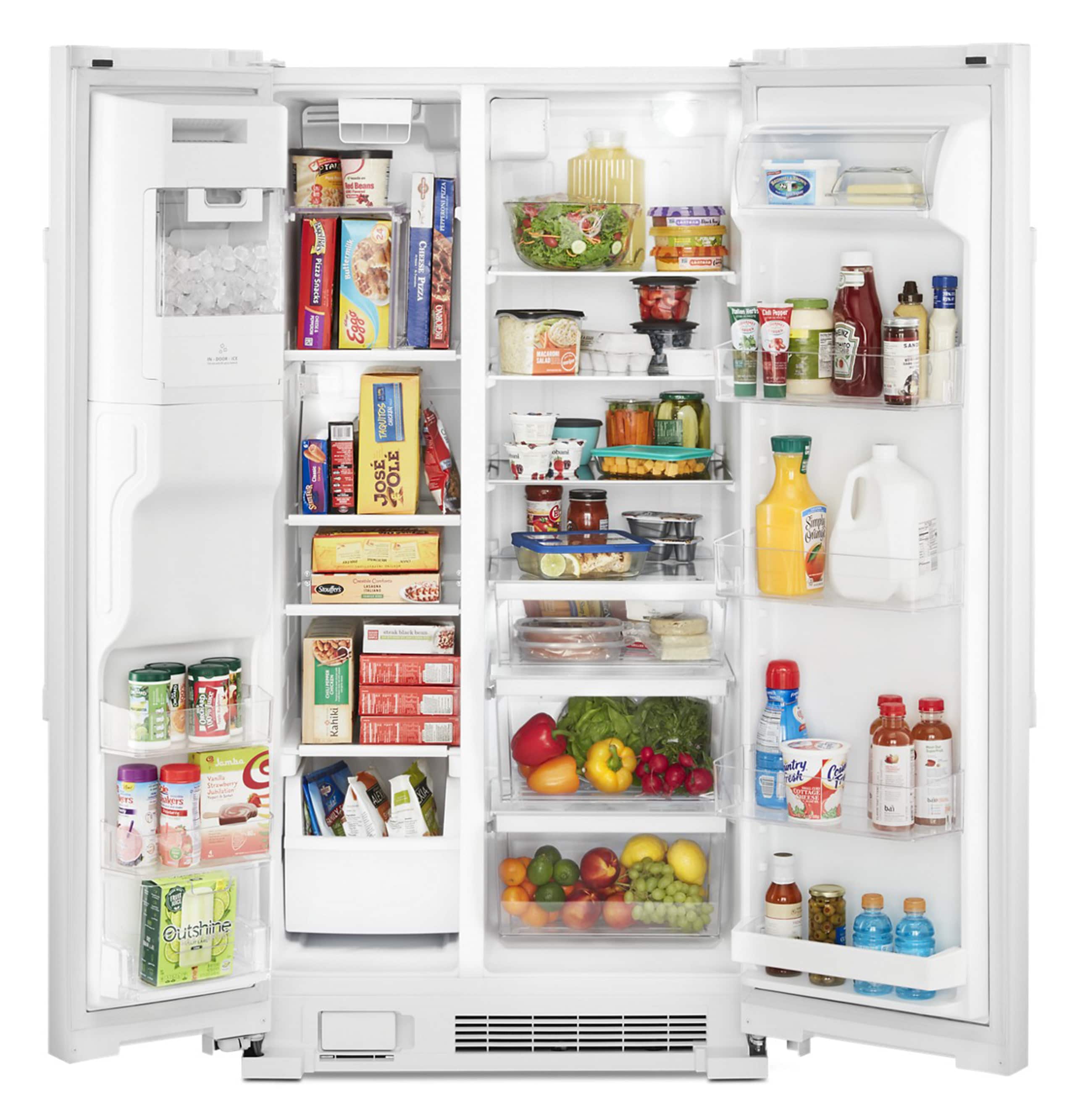 Refrigerador lado a lado de 24.5 pies cúbicos con fabricador de hielo, dispensador de agua y hielo (blanco)