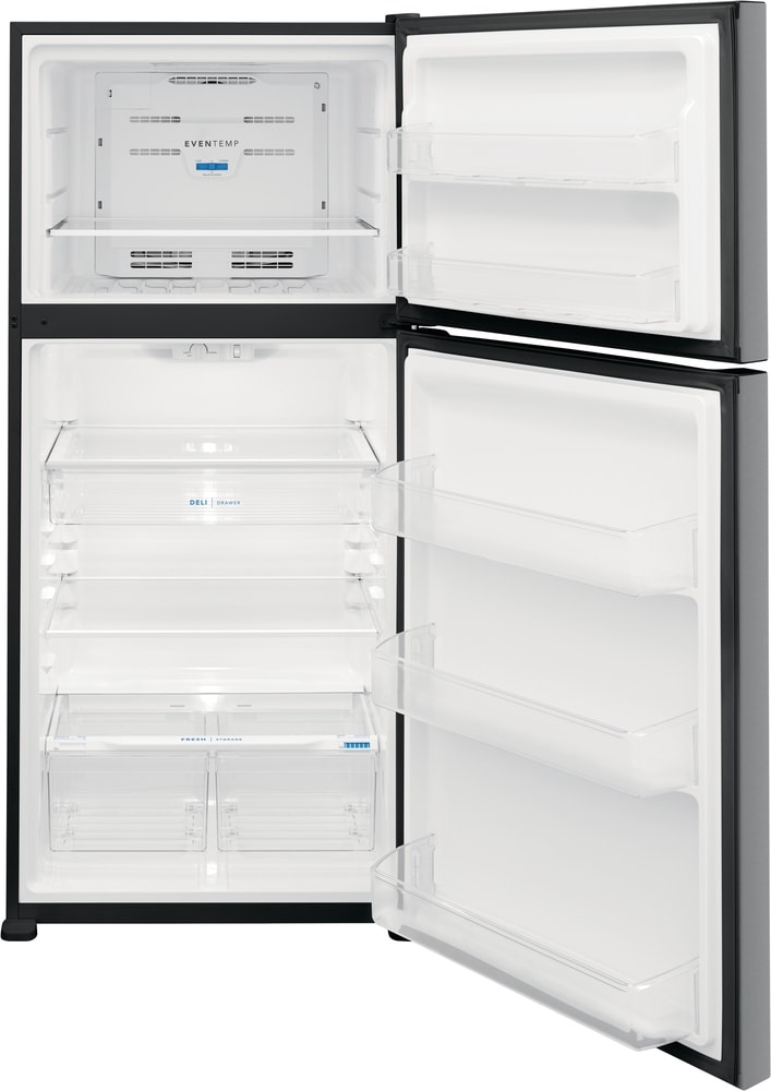 Refrigerador Top-Freezer de 20 pies cúbicos con resistencia a huellas dactilares en acero inoxidable, listo para el garaje LFTR2045VF de Frigidaire.