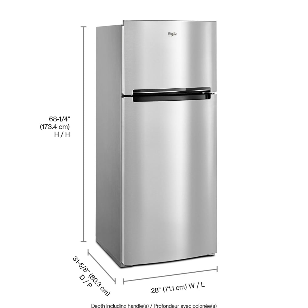 Refrigerador con congelador superior de 17.6 pies cúbicos y cajón de almacenamiento flexible de Acero Inoxidable Monocromático Whirlpool WRT518SZFM
