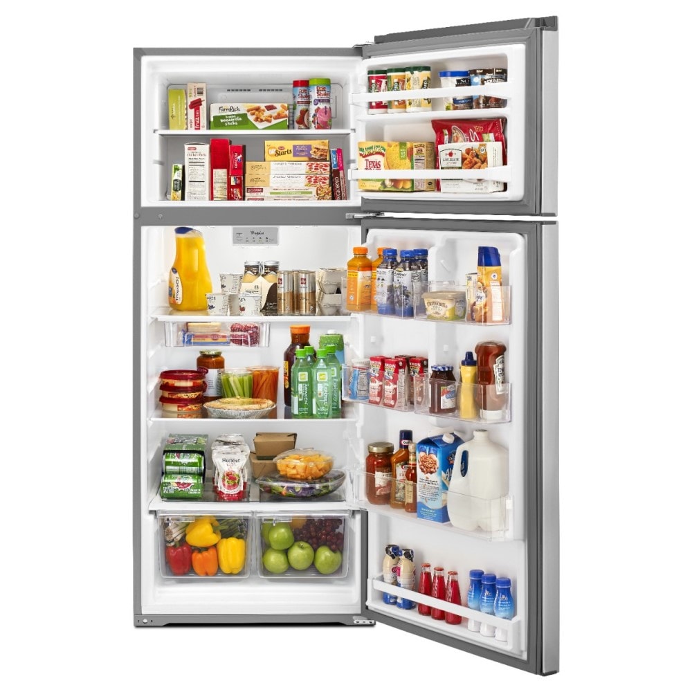 Refrigerador Whirlpool con cajón de almacenamiento flexible de 17.6 pies cúbicos y congelador superior (acero metálico resistente a huellas dactilares)