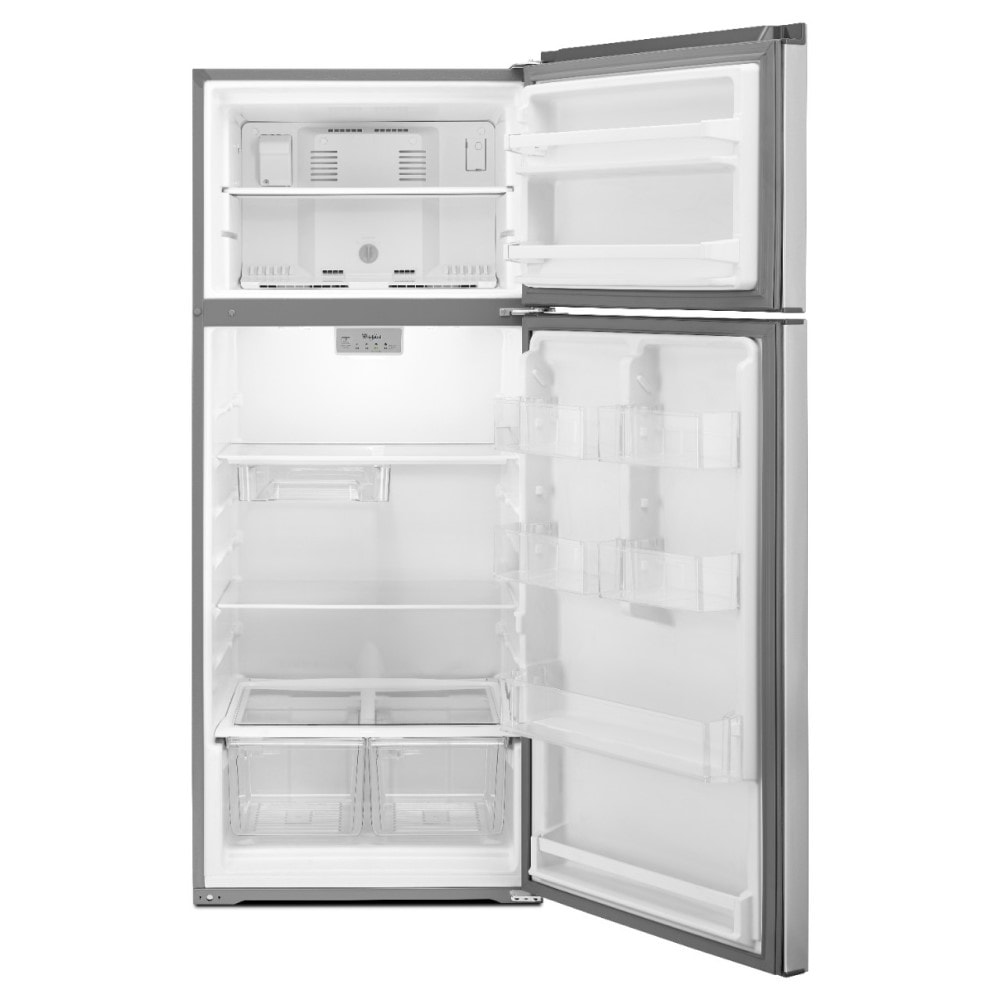 Refrigerador Whirlpool con cajón de almacenamiento flexible de 17.6 pies cúbicos y congelador superior (acero metálico resistente a huellas dactilares)