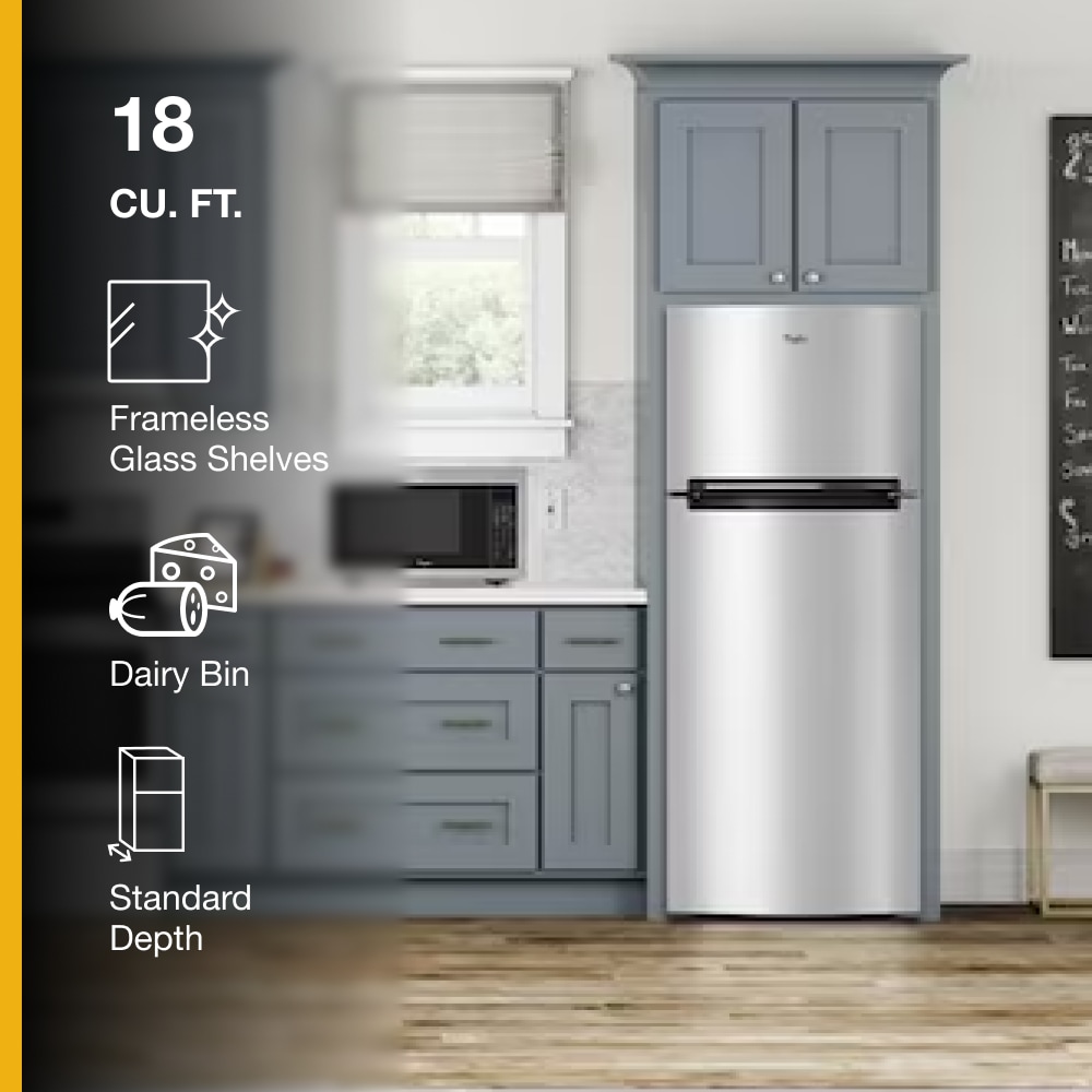 Refrigerador Whirlpool con cajón de almacenamiento flexible de 17.6 pies cúbicos y congelador superior (acero metálico resistente a huellas dactilares)