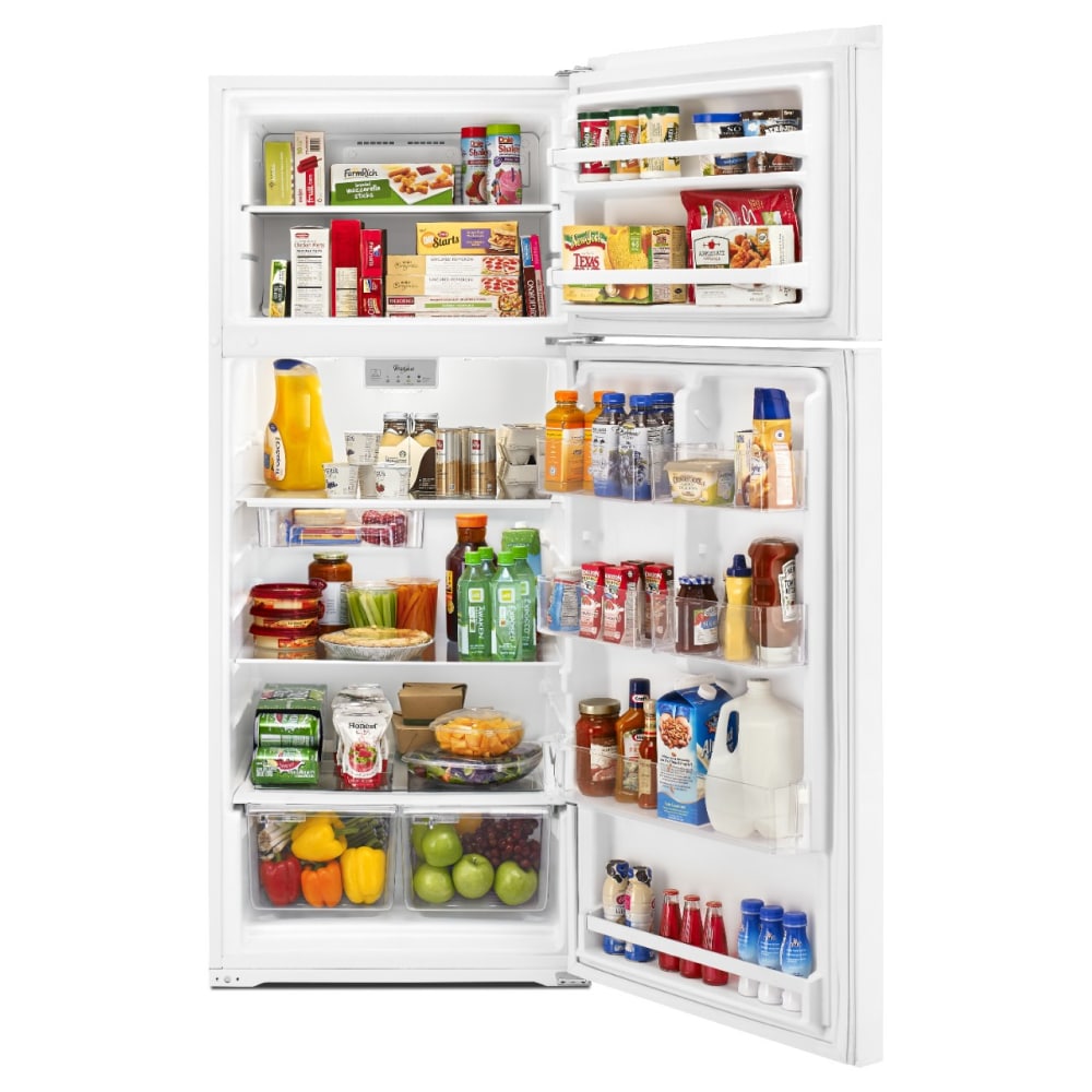 Refrigerador de puerta superior Whirlpool con cajón de almacenamiento flexible de 17.6 pies cúbicos (blanco) WRT518SZFW
