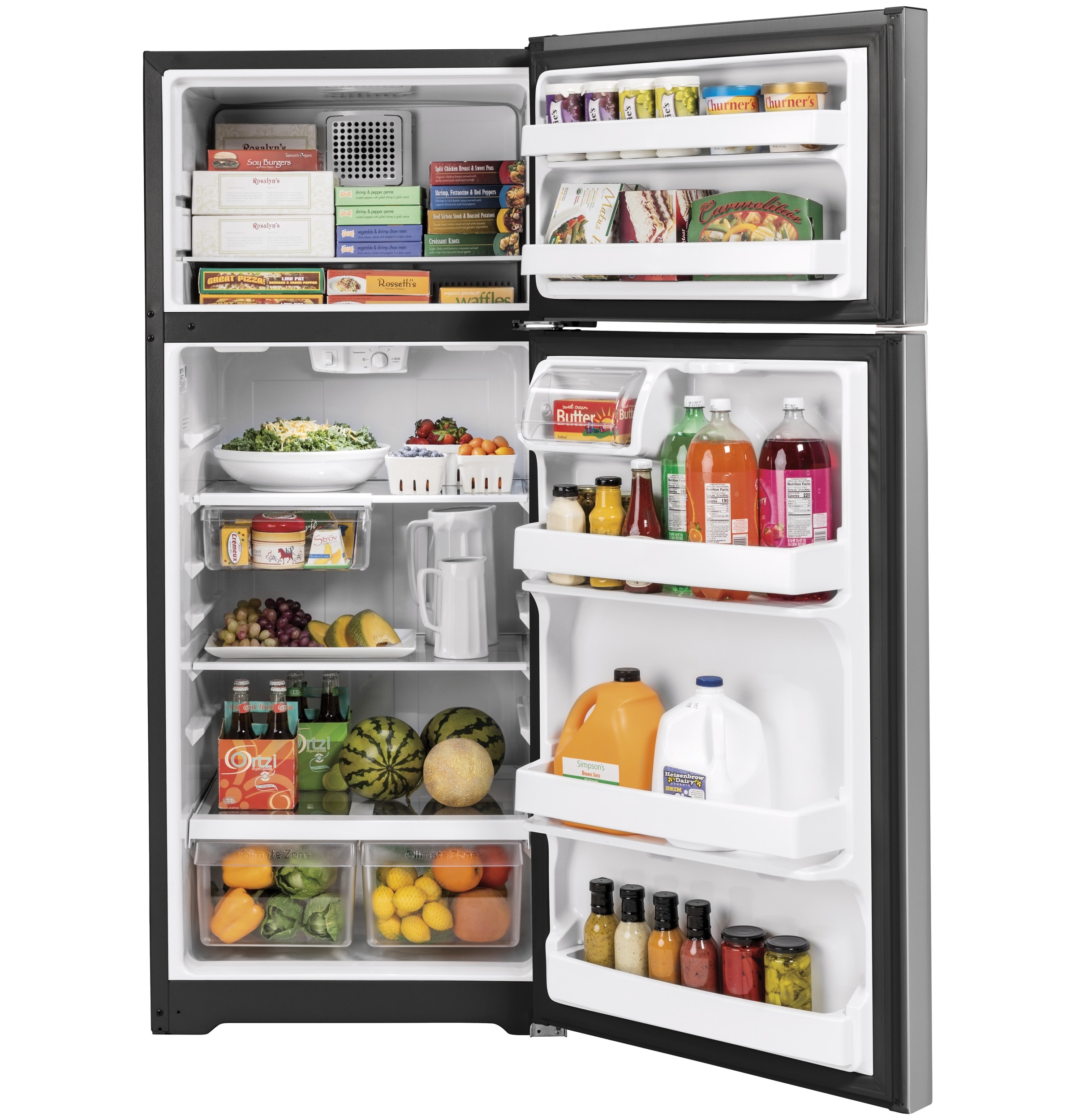 Refrigerador de 17.5 pies cúbicos con congelador superior (acero inoxidable) de GE