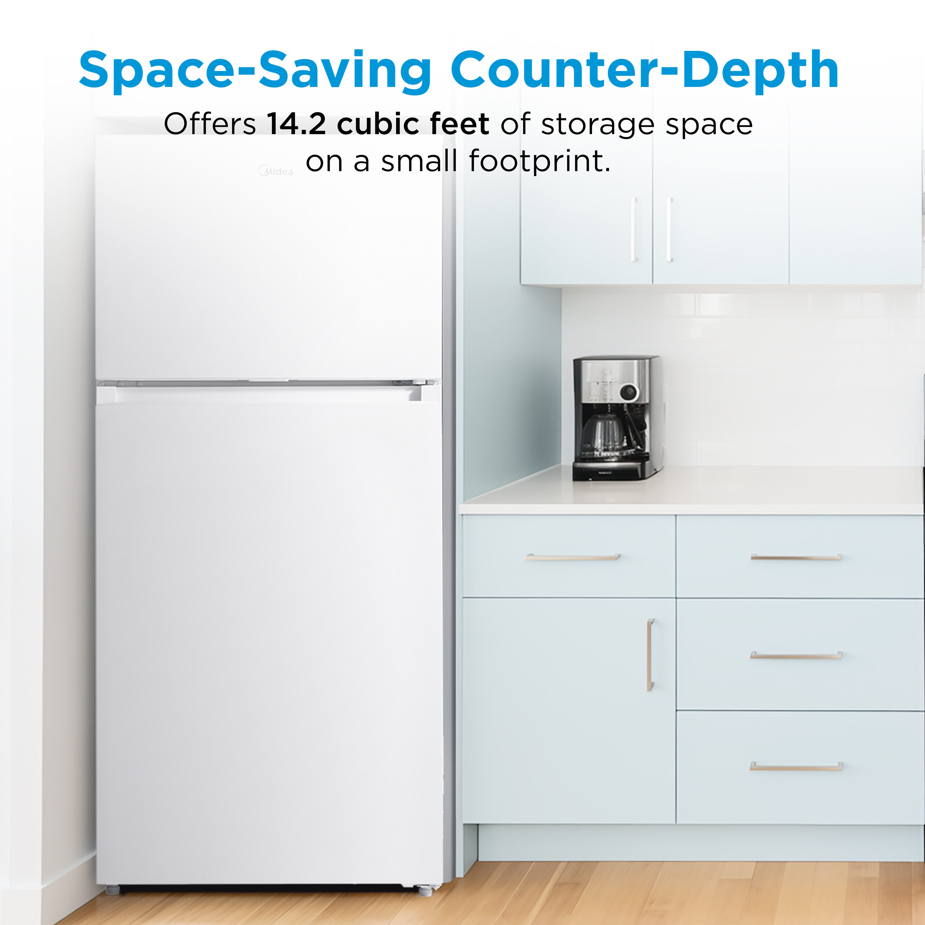 Refrigerador Midea resistente a huellas dactilares de 14.2 pies cúbicos de profundidad de encimera con congelador superior (blanco) listo para el garaje, certificado ENERGY STAR MRT14D2BWW.