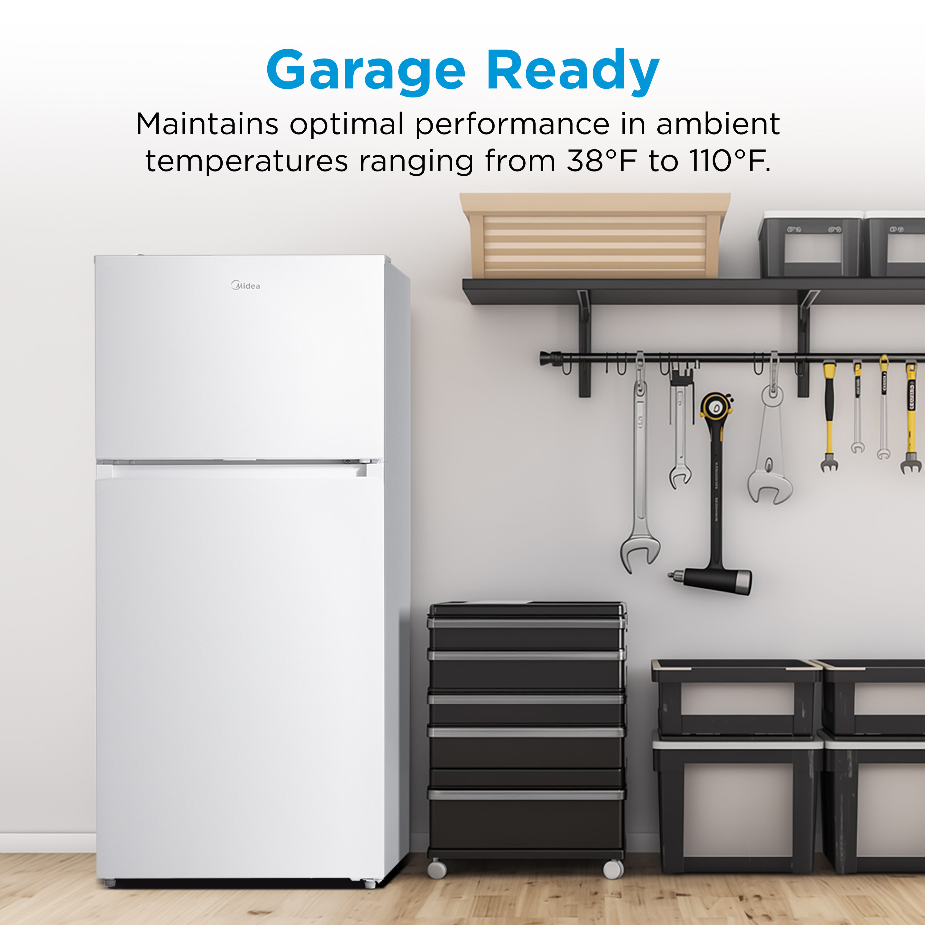 Refrigerador Midea resistente a huellas dactilares de 14.2 pies cúbicos de profundidad de encimera con congelador superior (blanco) listo para el garaje, certificado ENERGY STAR MRT14D2BWW.