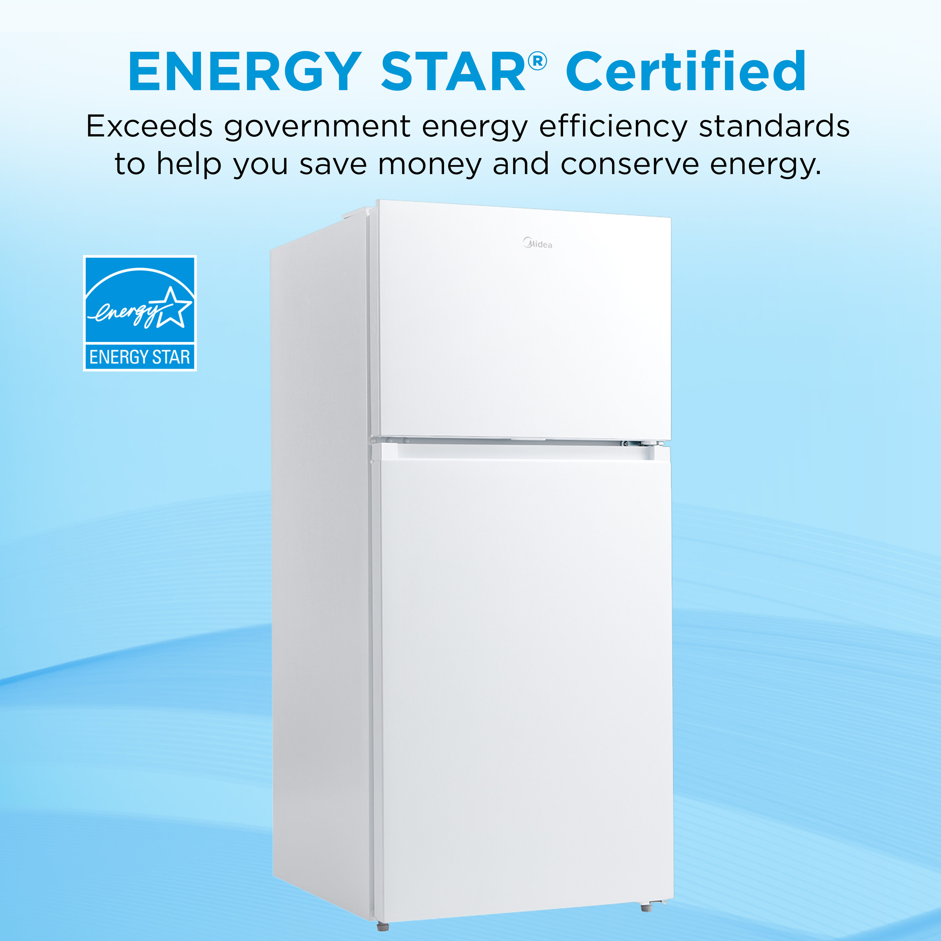 Refrigerador Midea resistente a huellas dactilares de 14.2 pies cúbicos de profundidad de encimera con congelador superior (blanco) listo para el garaje, certificado ENERGY STAR MRT14D2BWW.