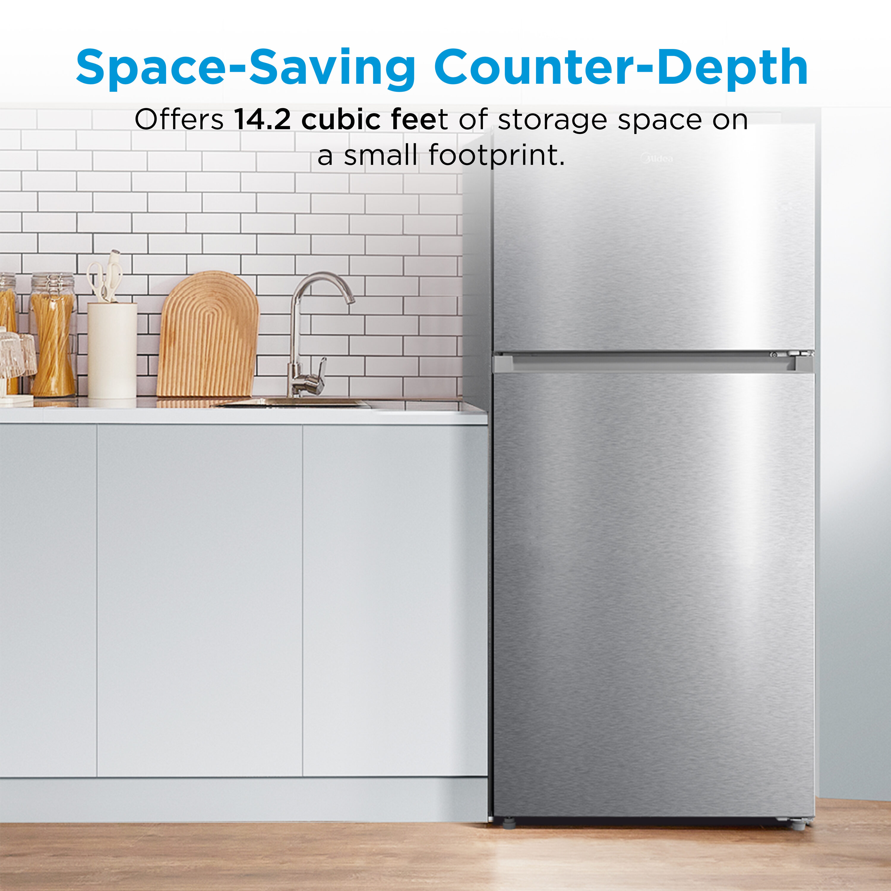 Refrigerador resistente a huellas dactilares de 14.2 pies cúbicos de profundidad de mostrador con congelador superior (acero inoxidable) listo para garaje certificado ENERGY STAR MRT14D2BST de Midea