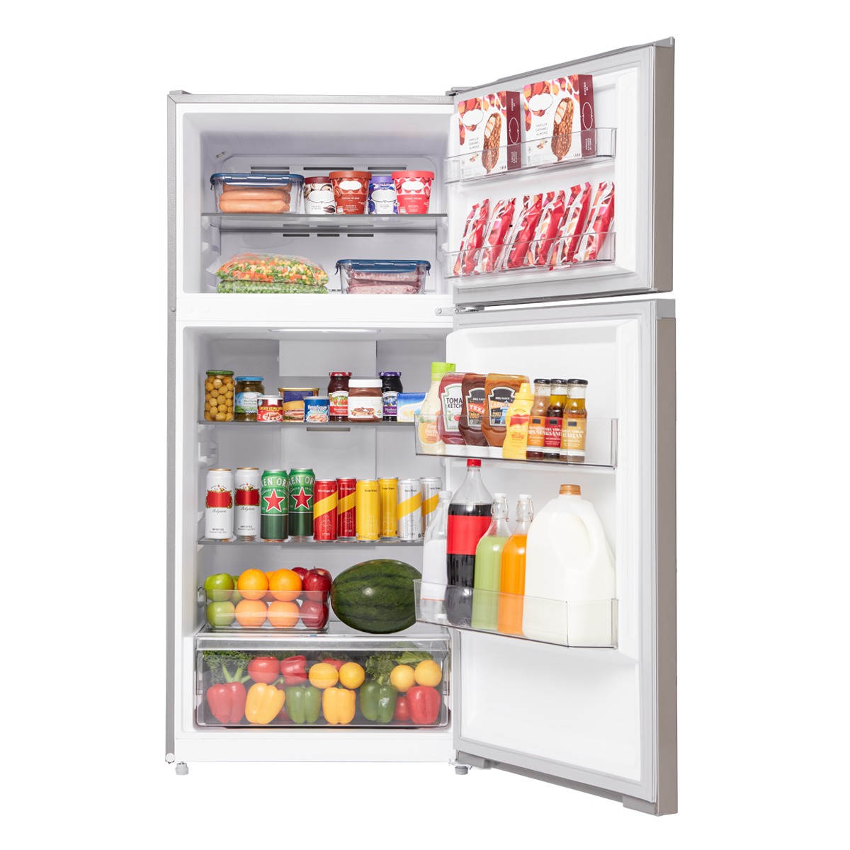 Refrigerador resistente a huellas dactilares de 14.2 pies cúbicos de profundidad de mostrador con congelador superior (acero inoxidable) listo para garaje certificado ENERGY STAR MRT14D2BST de Midea