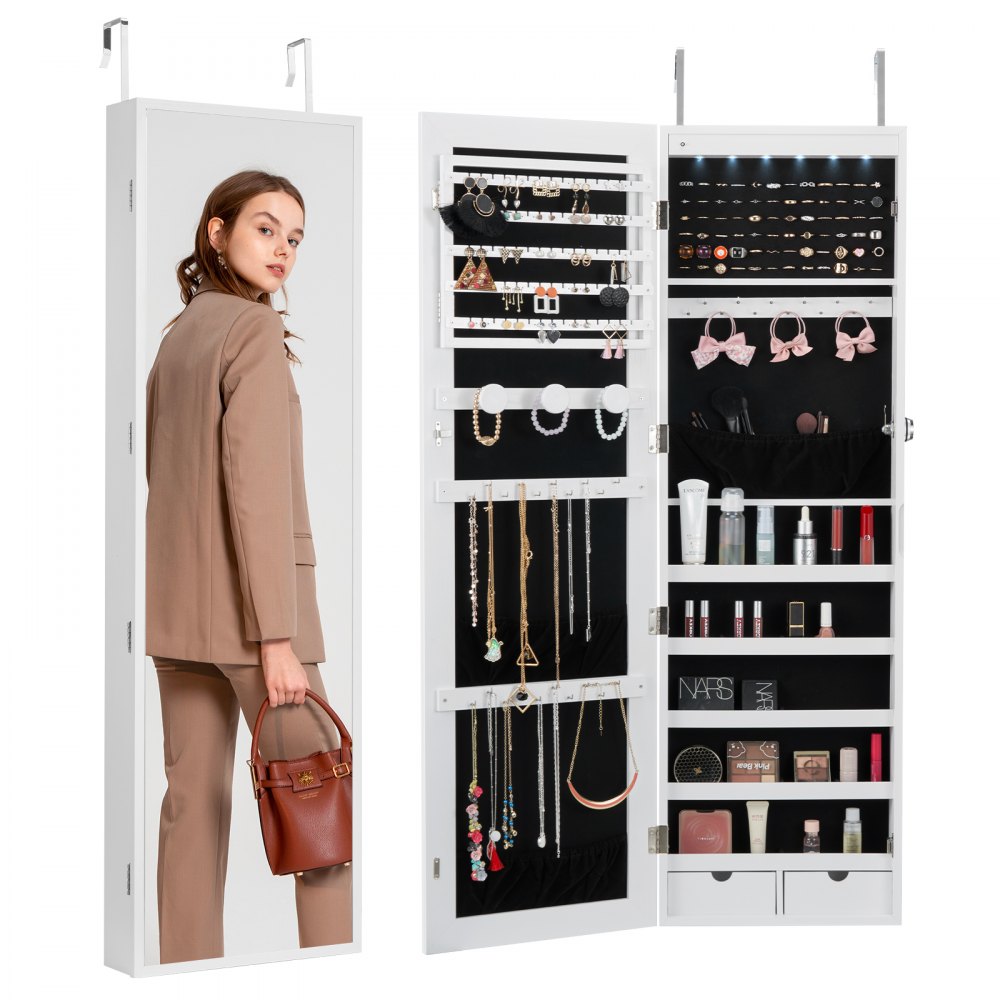 VEVOR Mirror Jewelry Cabinet 47.05in Lockable Wall or Door Mounted Armoire White - BGSZBSNJ1454YENXFV9