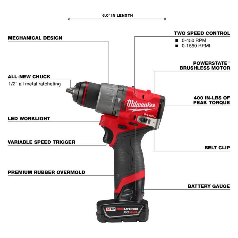 Milwaukee M12 FUEL 12-Volt Lithium-Ion Brushless Cordless 1/2 in. Hammer Drill Kit con 1 batería compacta de 2.0Ah y 1 cargador - 3404-21.