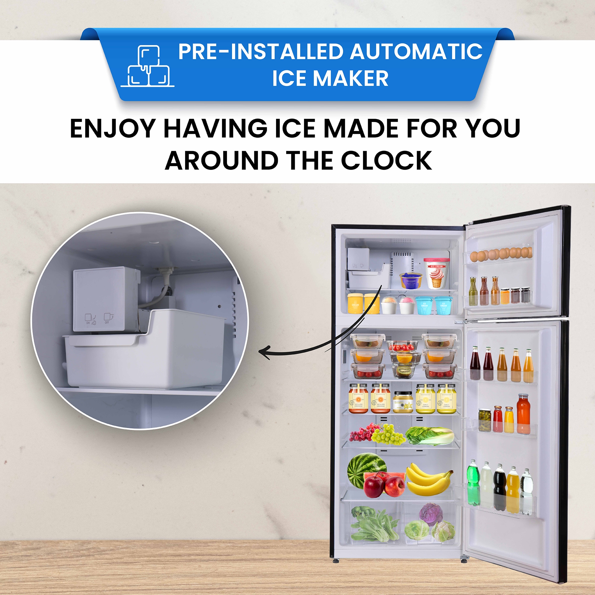 Refrigerador de 18 pies cúbicos con congelador superior de tamaño estándar y fabricador de hielo (Negro)