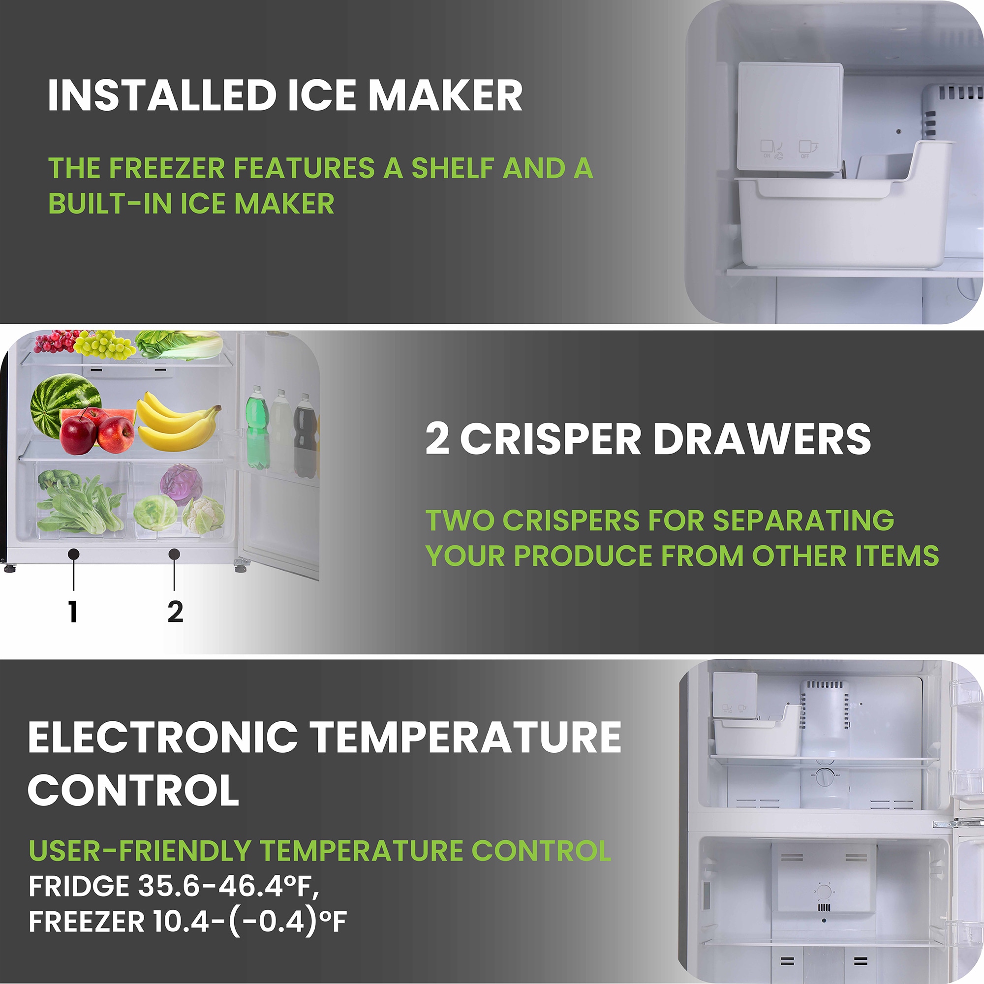 Refrigerador de 18 pies cúbicos con congelador superior de tamaño estándar y fabricador de hielo (Negro)