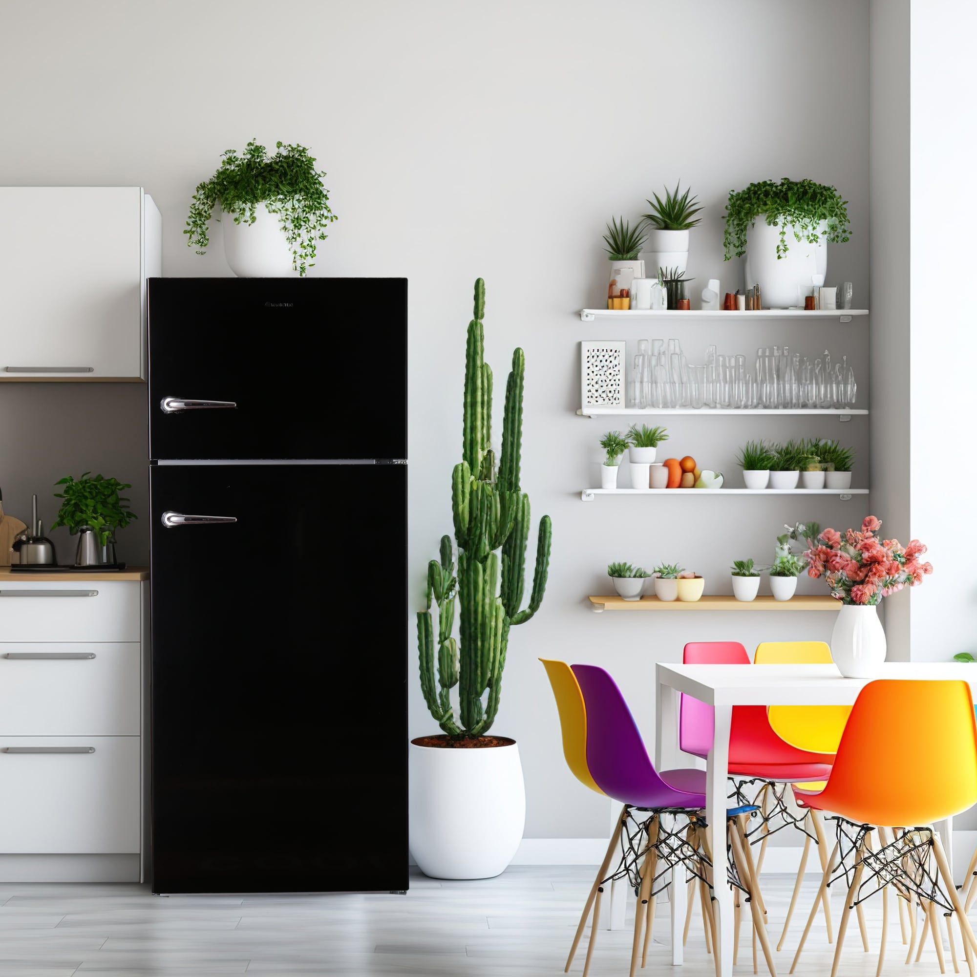 Refrigerador de 18 pies cúbicos con congelador superior de tamaño estándar y fabricador de hielo (Negro)