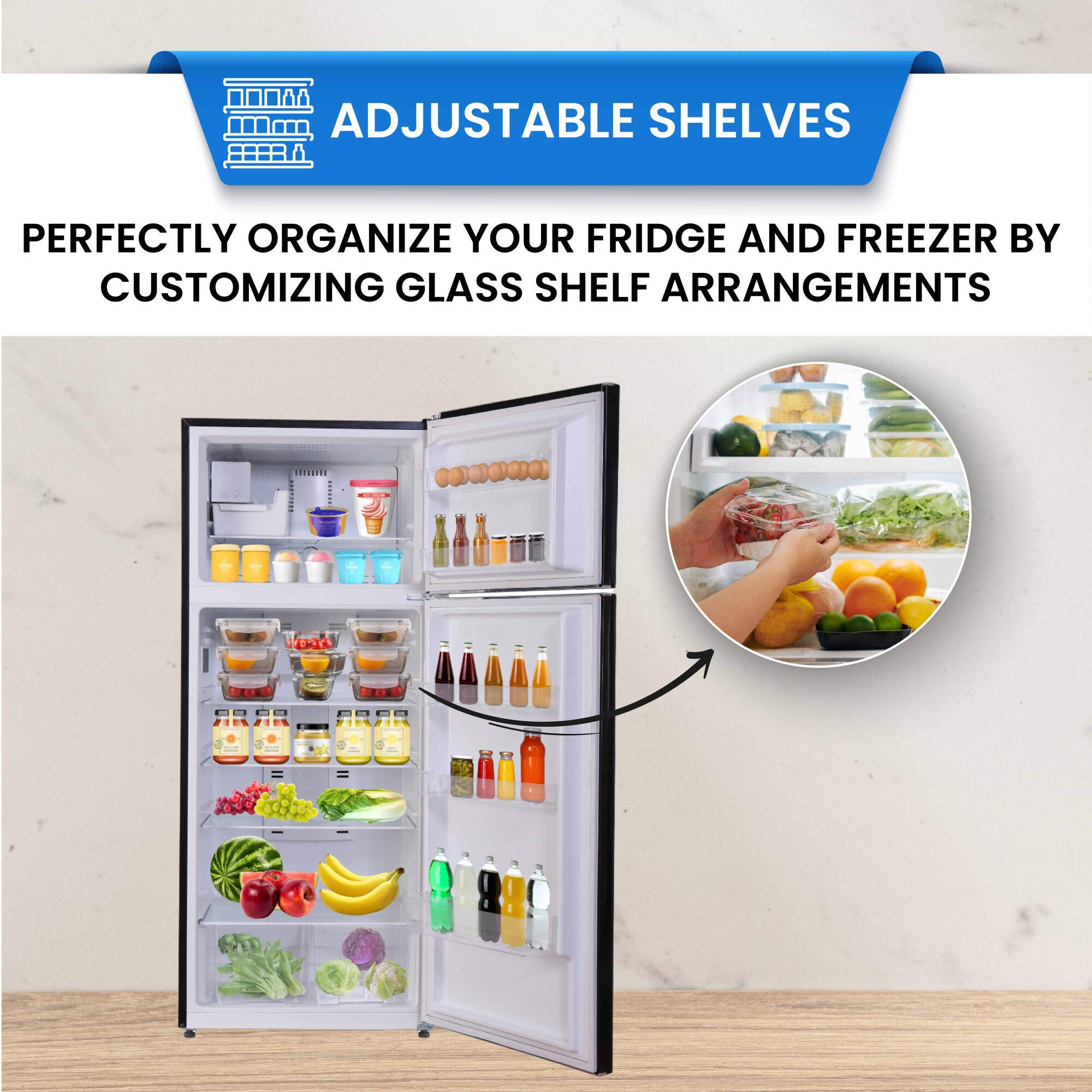Refrigerador de 18 pies cúbicos con congelador superior de tamaño estándar y fabricador de hielo (Negro)