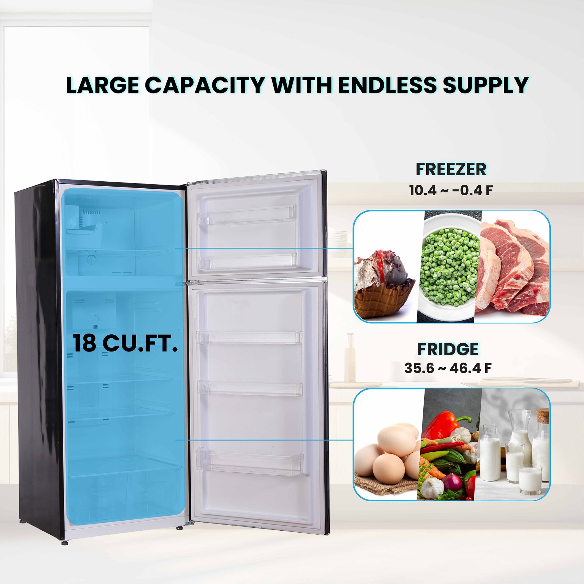 Refrigerador de 18 pies cúbicos con congelador superior de tamaño estándar y fabricador de hielo (Negro)