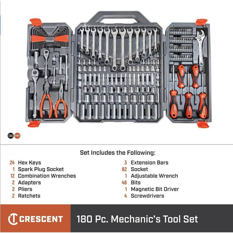Juego de herramientas mecánicas Crescent de 1/4 y 3/8 pulgadas de unidad, 6 y 12 puntos estándar y profundos SAE/Métrico con estuche (180 piezas) - CTK180
