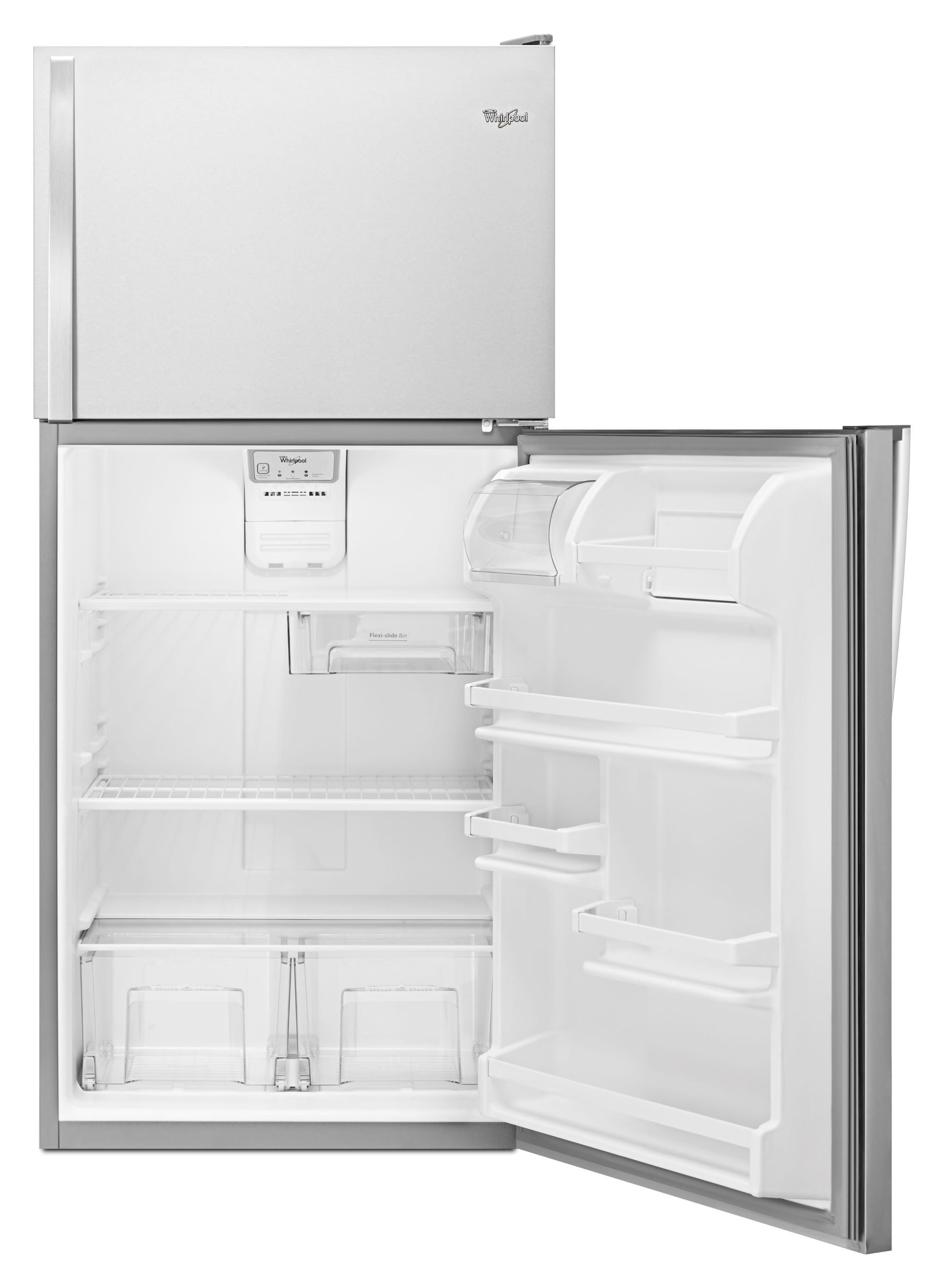Refrigerador de 18.2 pies cúbicos con congelador superior de acero inoxidable de Whirlpool.