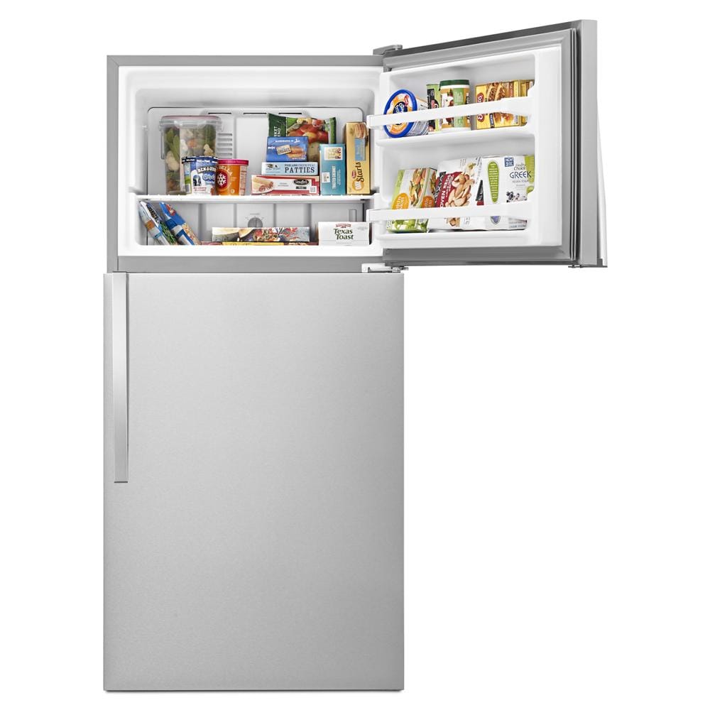 Refrigerador de 18.2 pies cúbicos con congelador superior de acero inoxidable de Whirlpool.