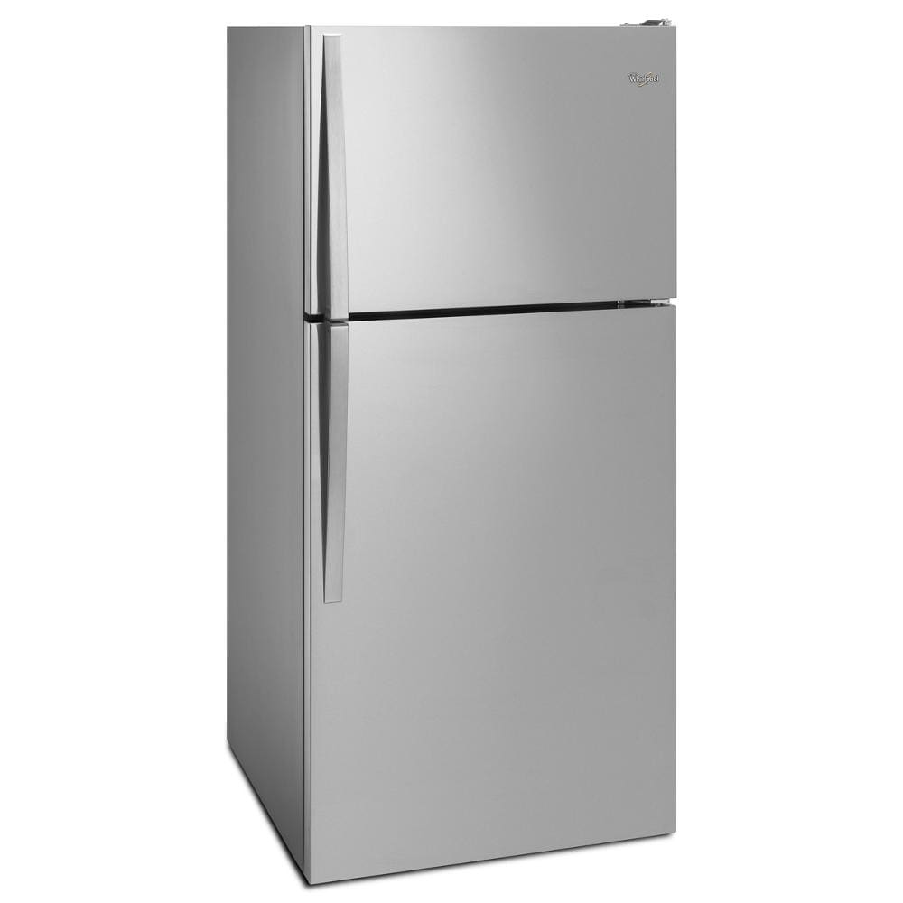Refrigerador de 18.2 pies cúbicos con congelador superior de acero inoxidable de Whirlpool.