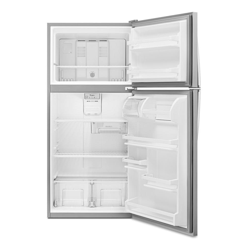 Refrigerador de 18.2 pies cúbicos con congelador superior de acero inoxidable de Whirlpool.