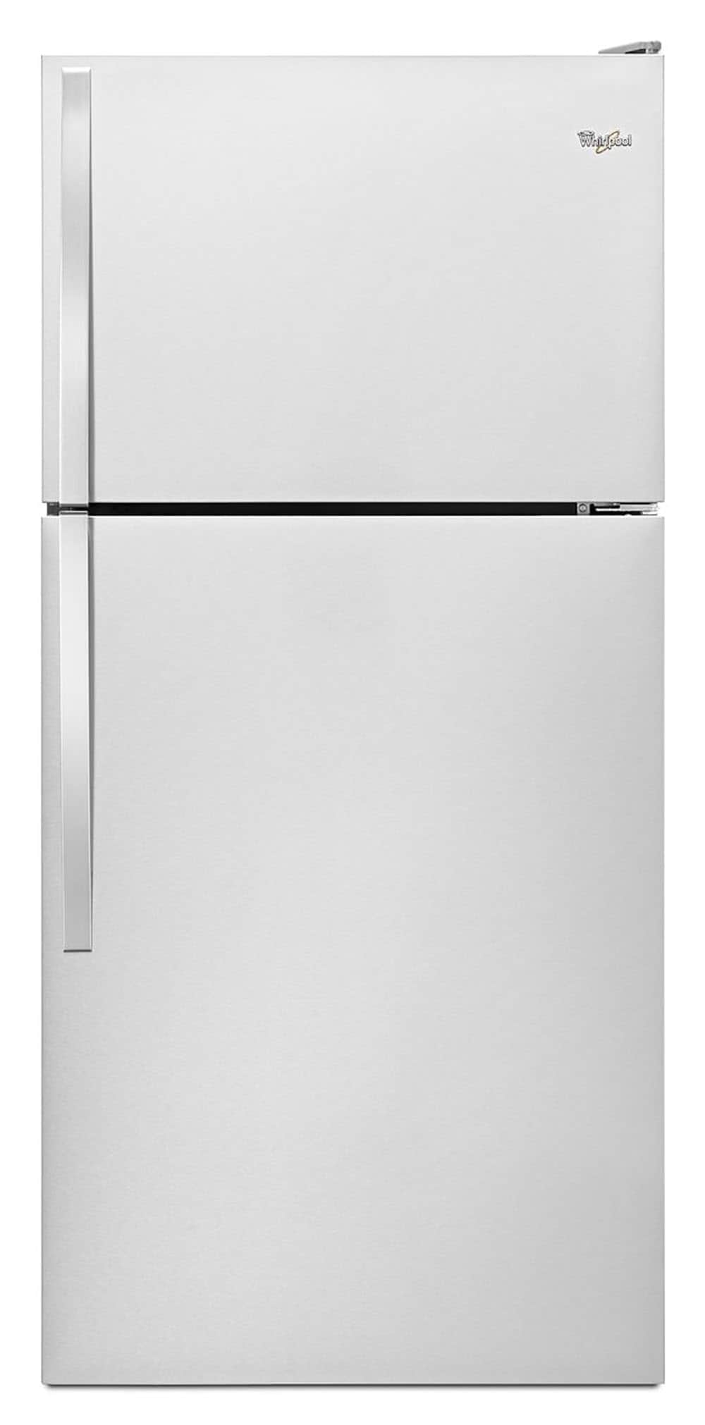 Refrigerador de 18.2 pies cúbicos con congelador superior de acero inoxidable de Whirlpool.