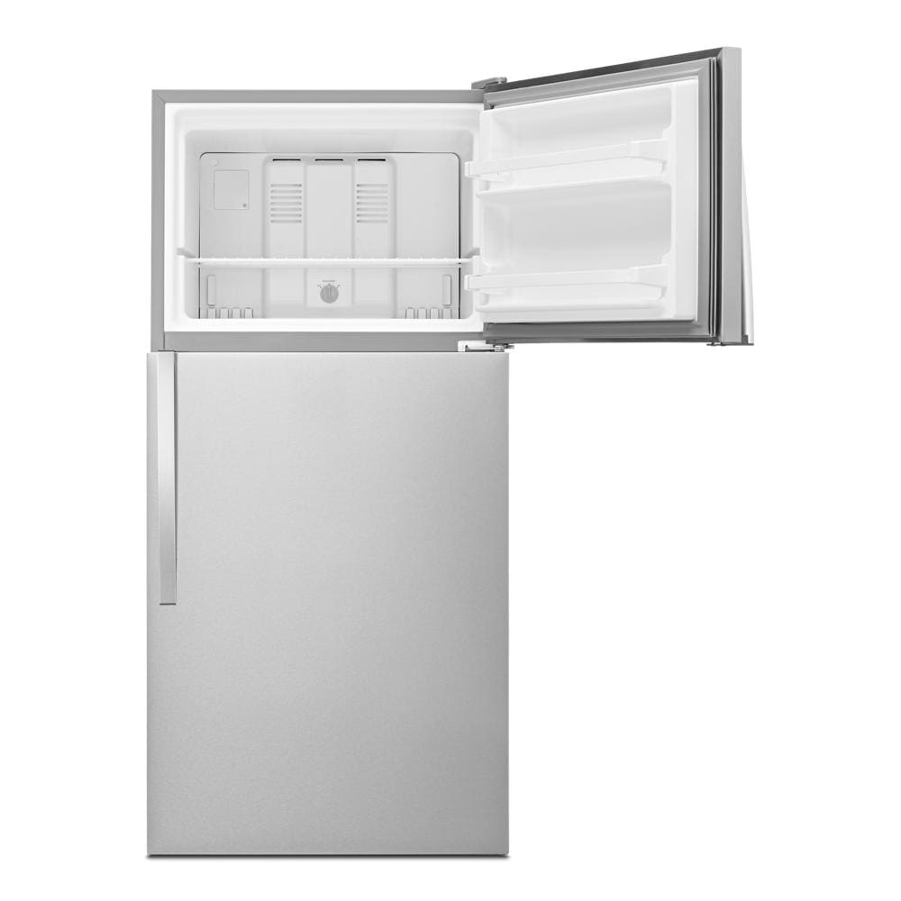 Refrigerador de 18.2 pies cúbicos con congelador superior de acero inoxidable de Whirlpool.