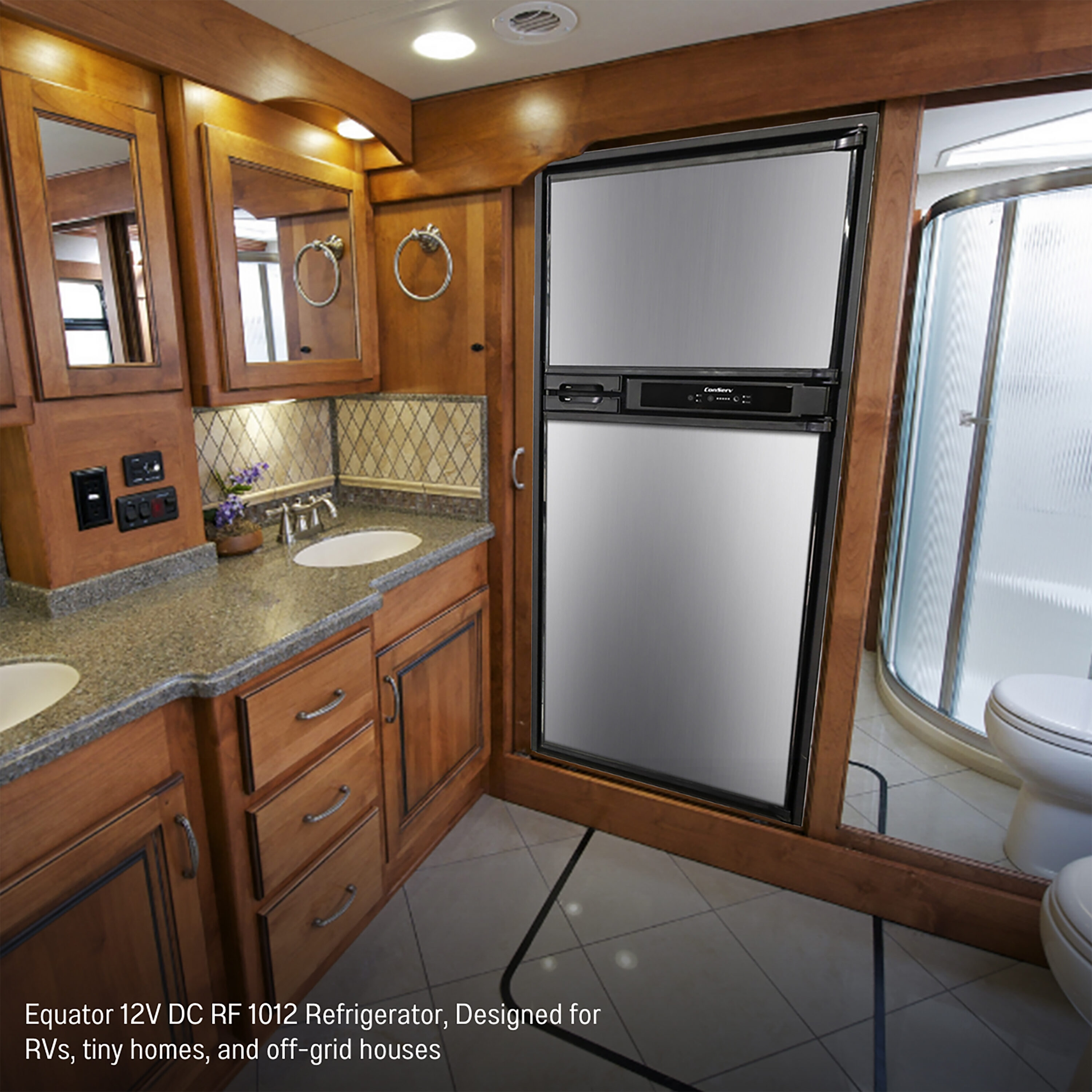 Refrigerador empotrado de acero inoxidable de 10 pies cúbicos de profundidad de mostrador con congelador superior Equator Advanced Appliances RF 1012 DC S
