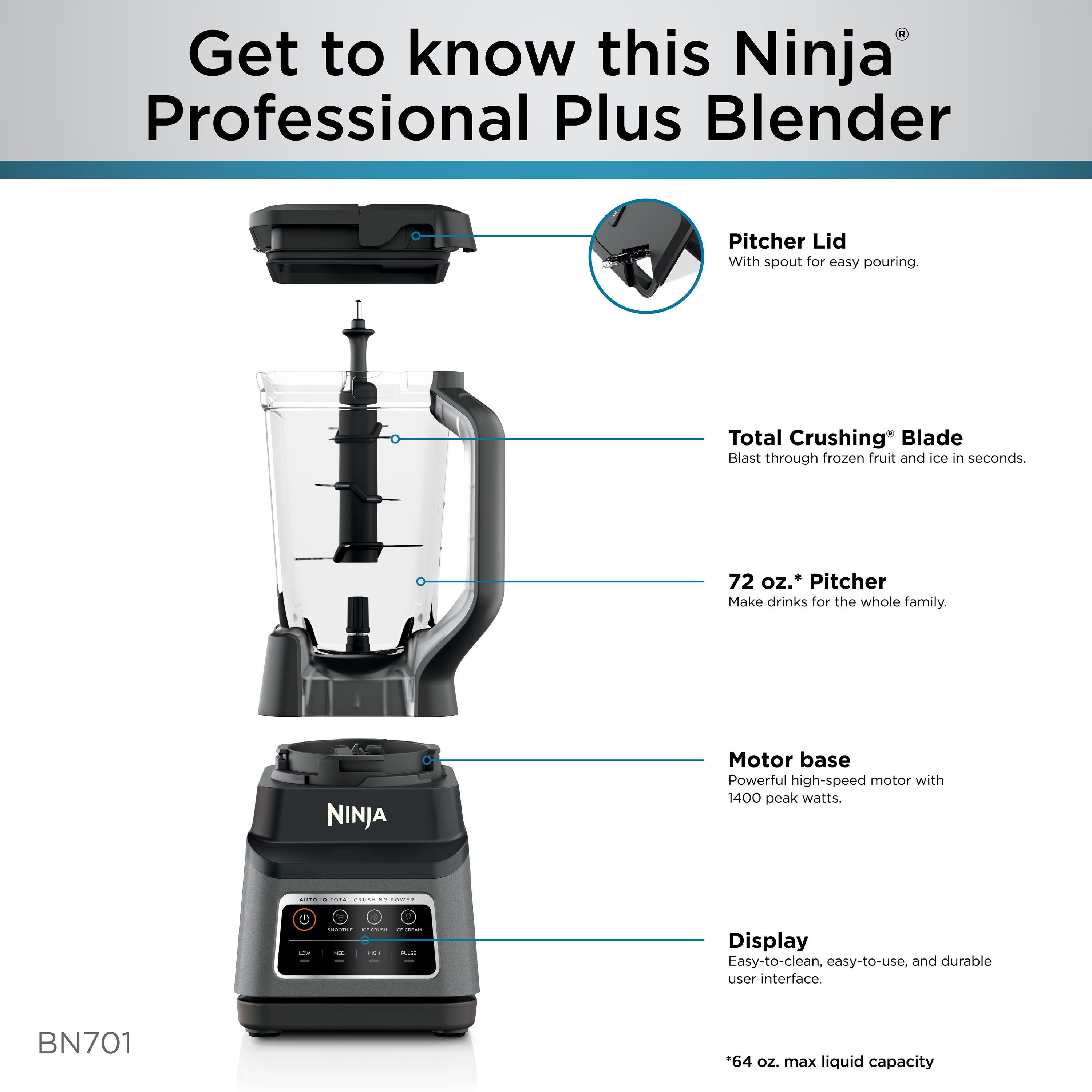 Licuadora Ninja Profesional Plus con Auto-iQ de 64 onzas y 3 velocidades en la encimera (Negro) BN701