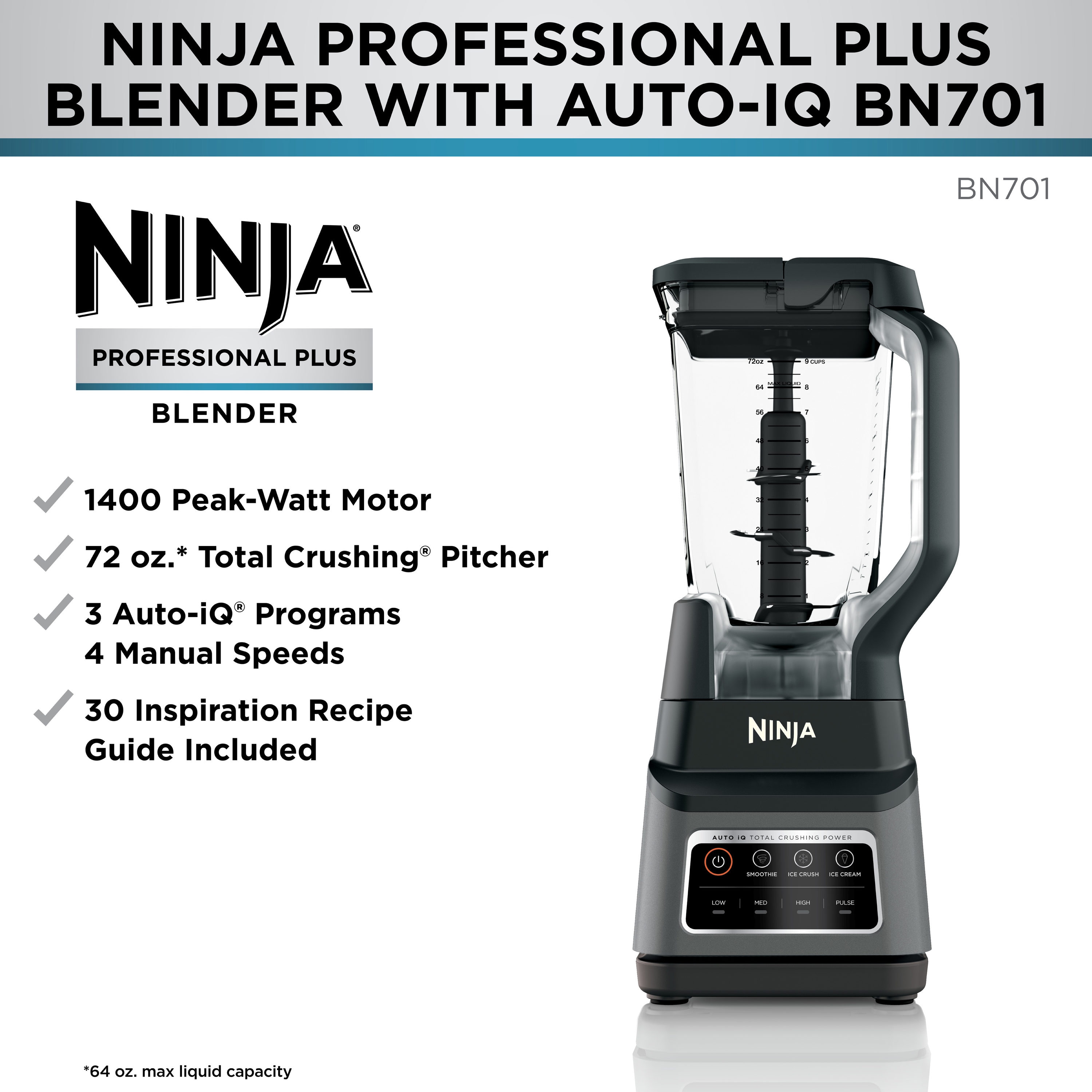 Licuadora Ninja Profesional Plus con Auto-iQ de 64 onzas y 3 velocidades en la encimera (Negro) BN701