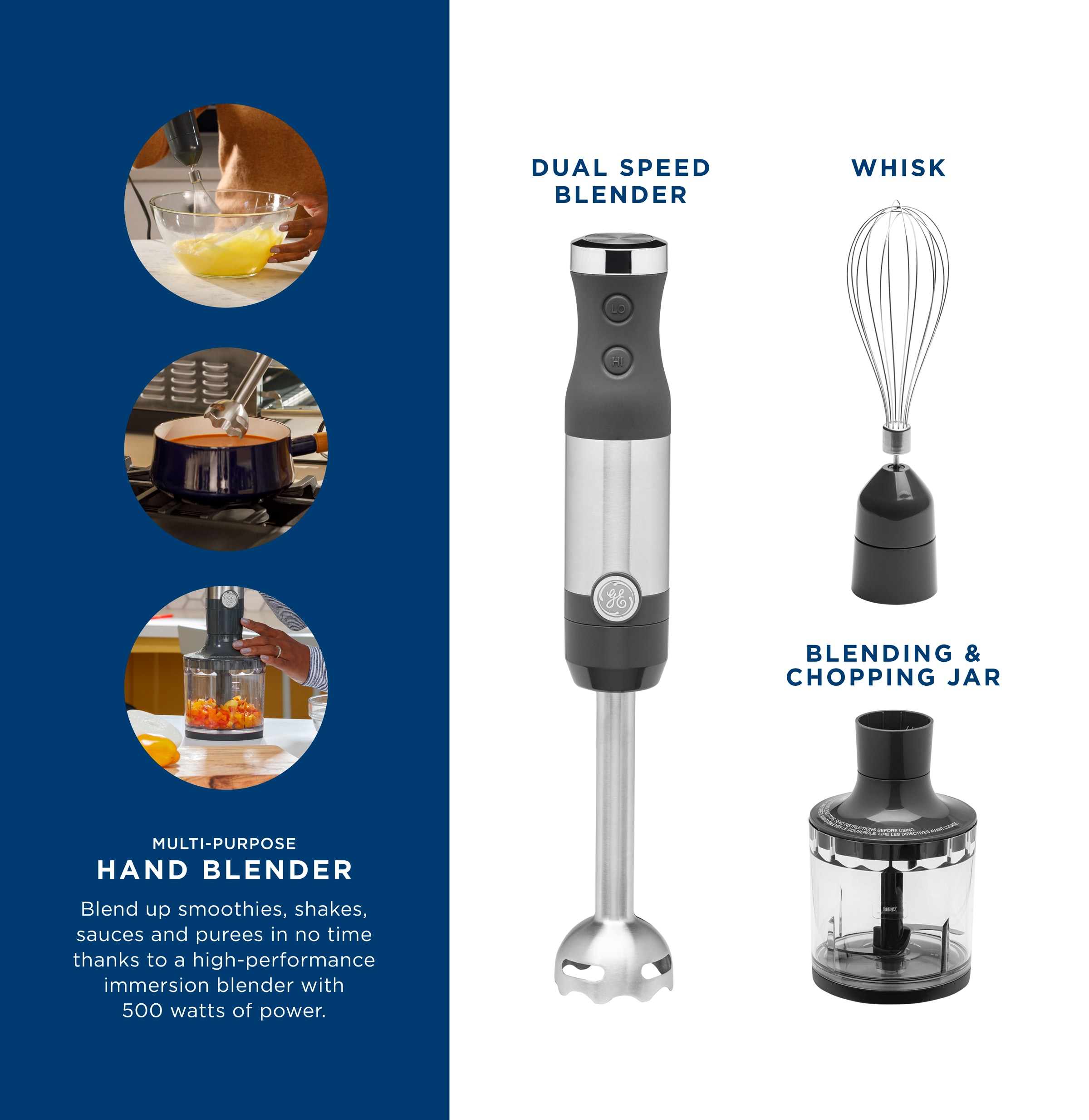 Licuadora de inmersión GE de 2 velocidades y 500 watts con vaso adicional (acero inoxidable)