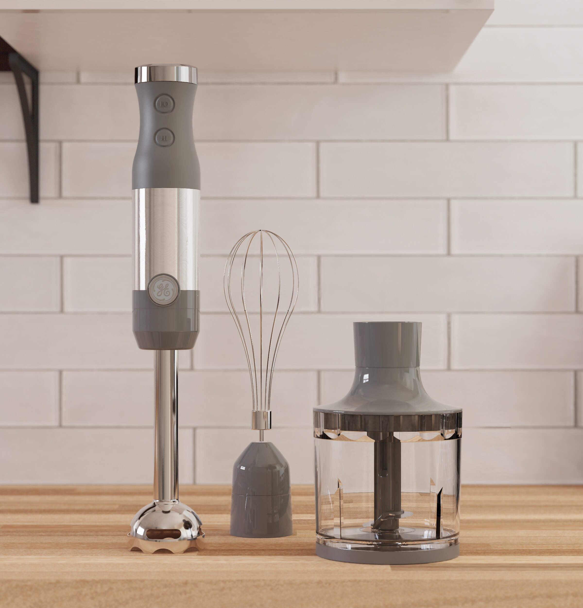 Licuadora de inmersión GE de 2 velocidades y 500 watts con vaso adicional (acero inoxidable)