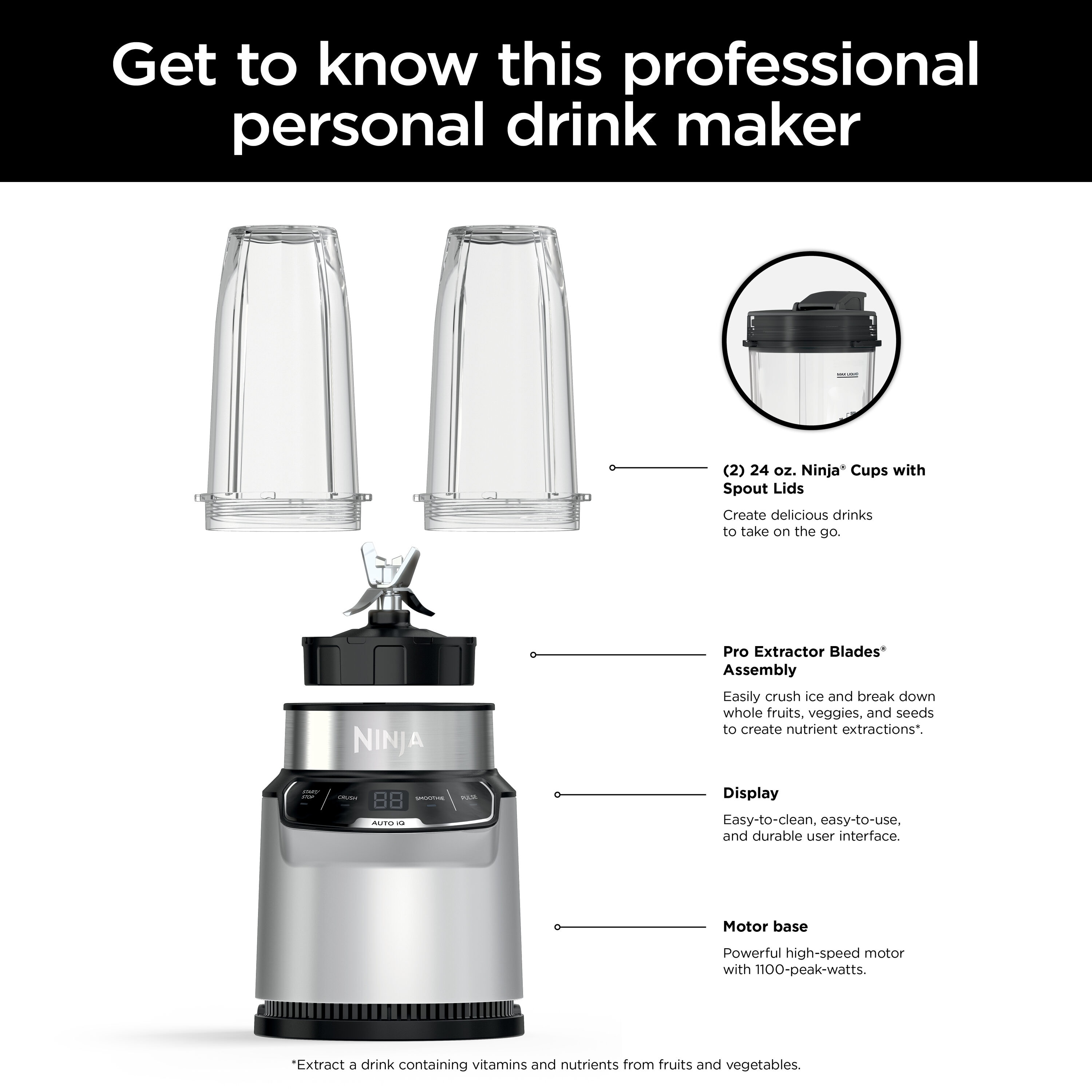 Licuadora Ninja Nutri-Blender Pro con Auto-iQ, Licuadora Personal de 24 oz y 2 velocidades en color Plata Nube BN401