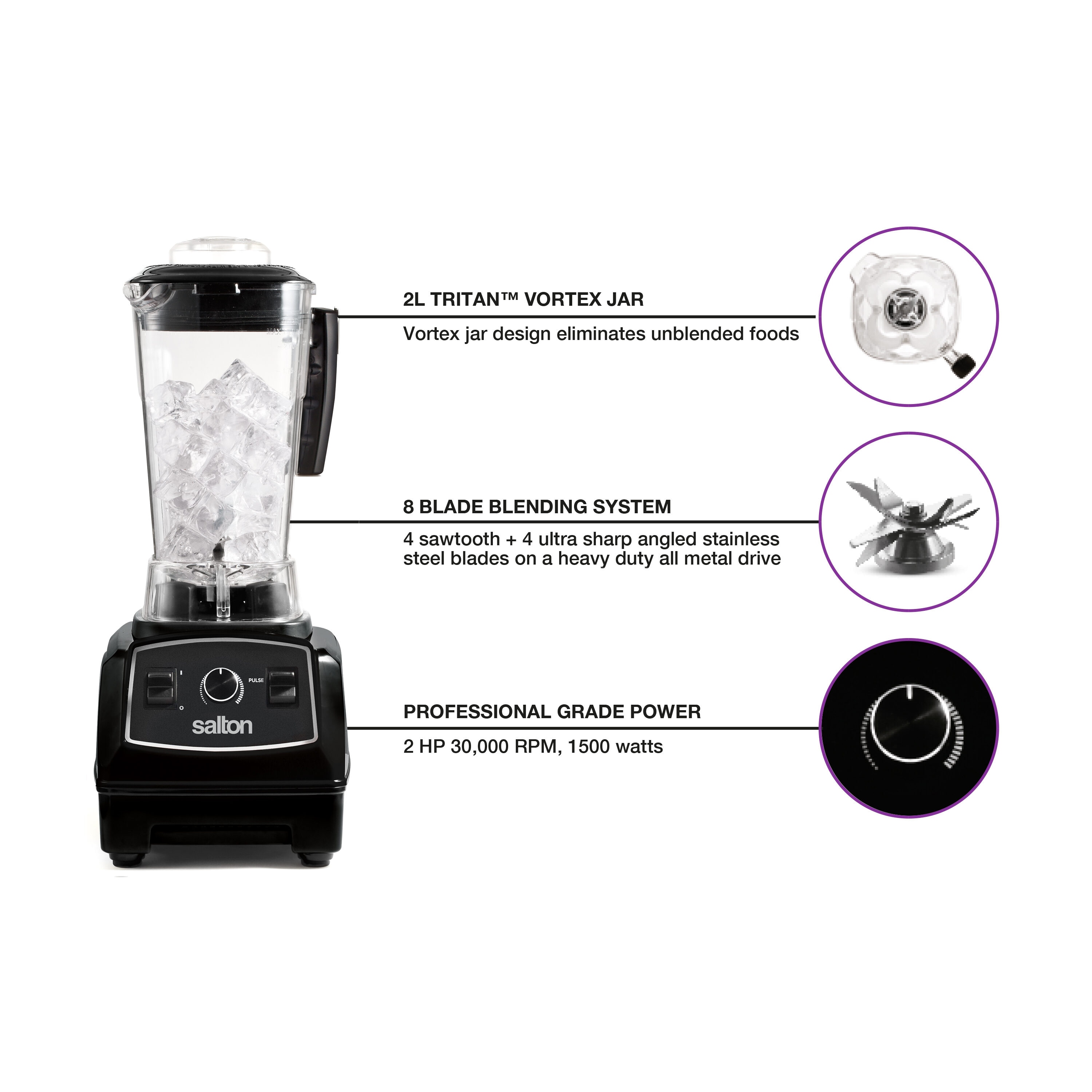 Licuadora de Mostrador de 50 Velocidades de 67.6 oz de Salton (Negro) BL1486BLBT