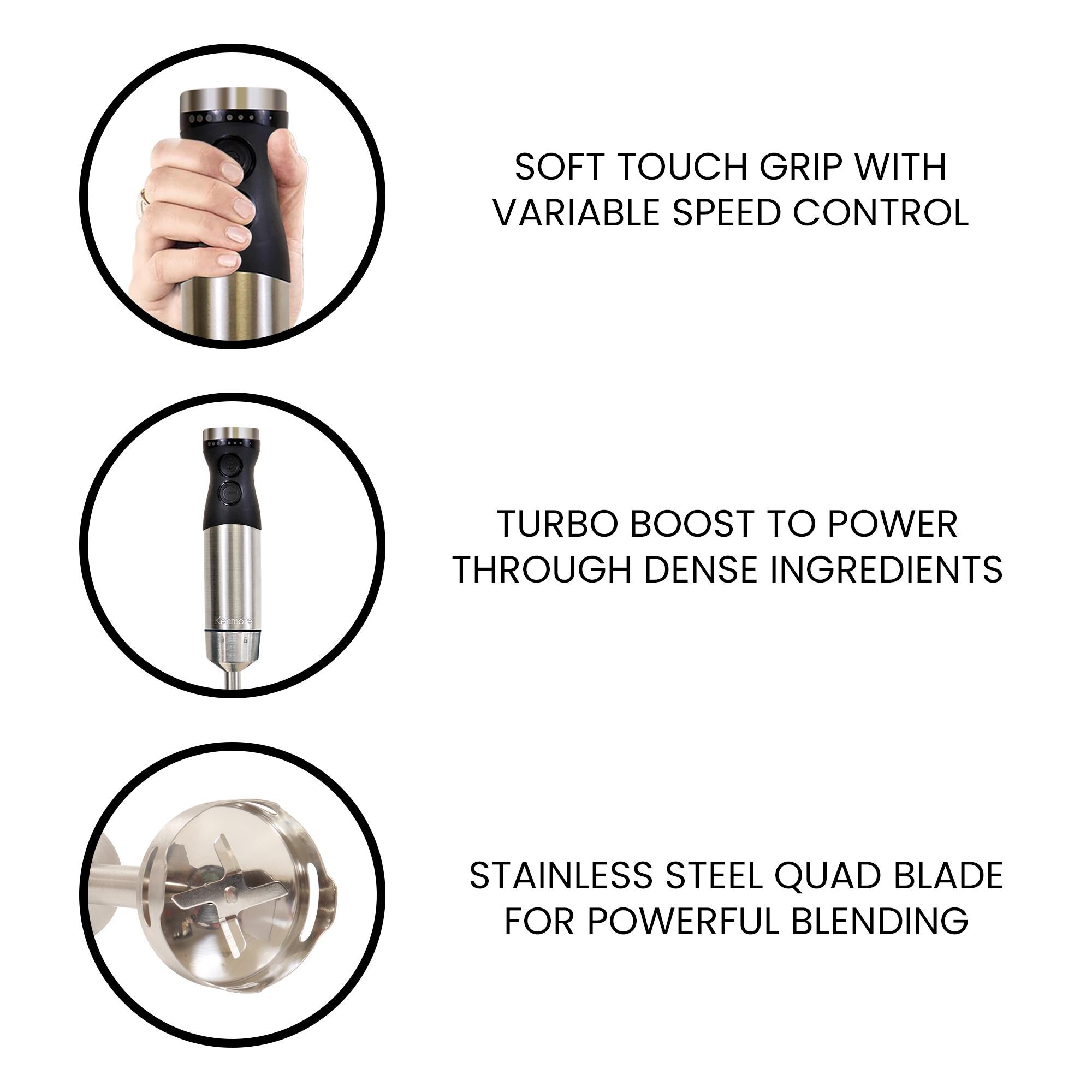 Licuadora de Inmersión Kenmore de un solo velocidad de 400 watts con control de pulsos y jarra de accesorios (Acero Inoxidable) KKIBC5SS