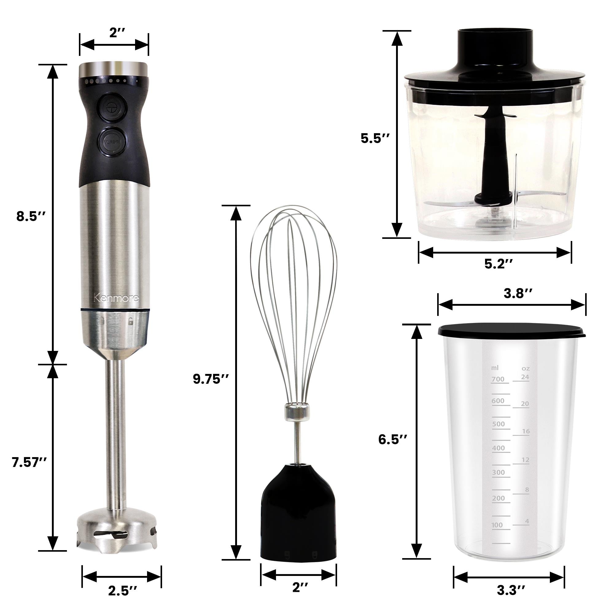 Licuadora de Inmersión Kenmore de un solo velocidad de 400 watts con control de pulsos y jarra de accesorios (Acero Inoxidable) KKIBC5SS