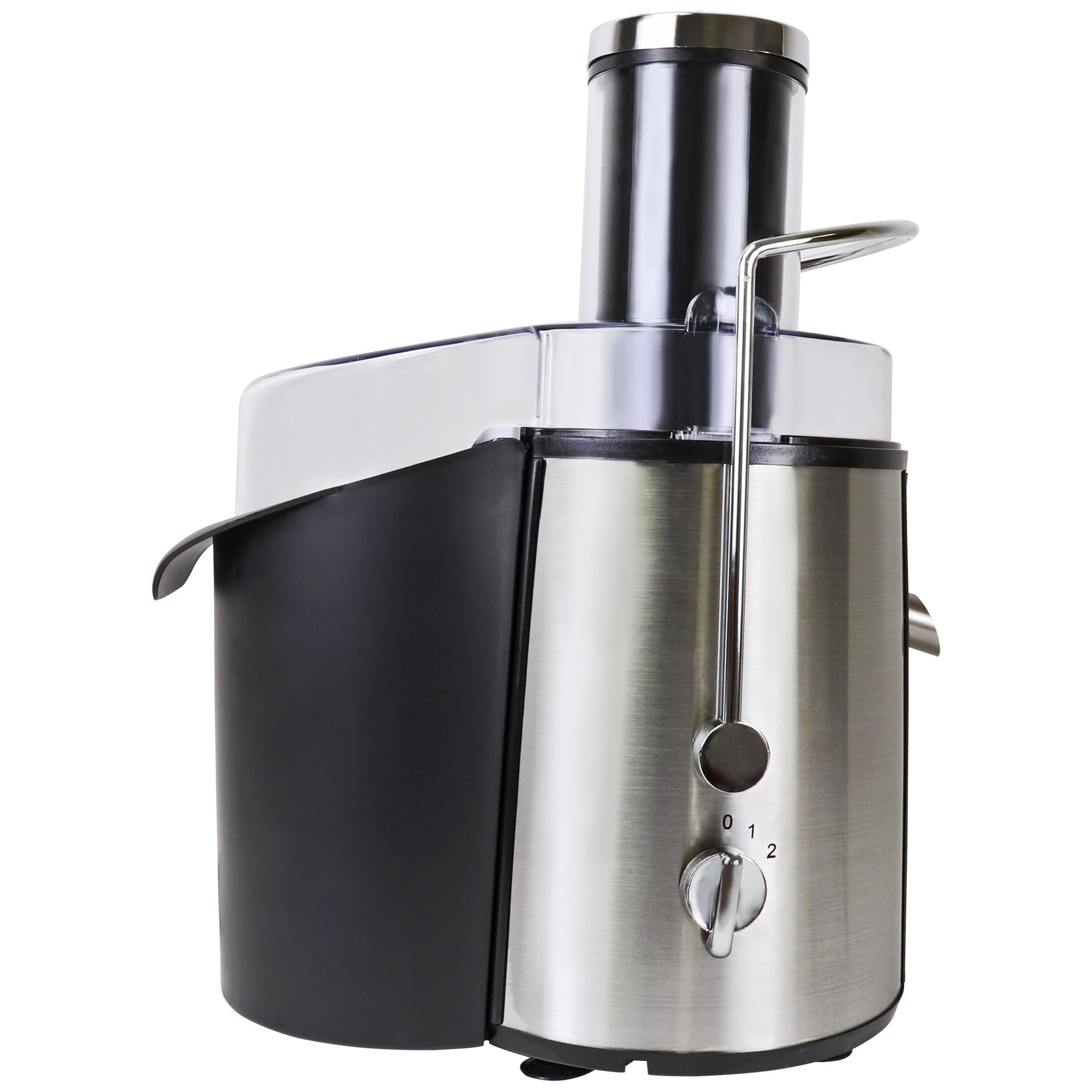 Extractor de jugo Koolatron Total Chef con soporte para jarra de vidrio y bandeja de pulpa removible (acero inoxidable y negro) KMJ-01