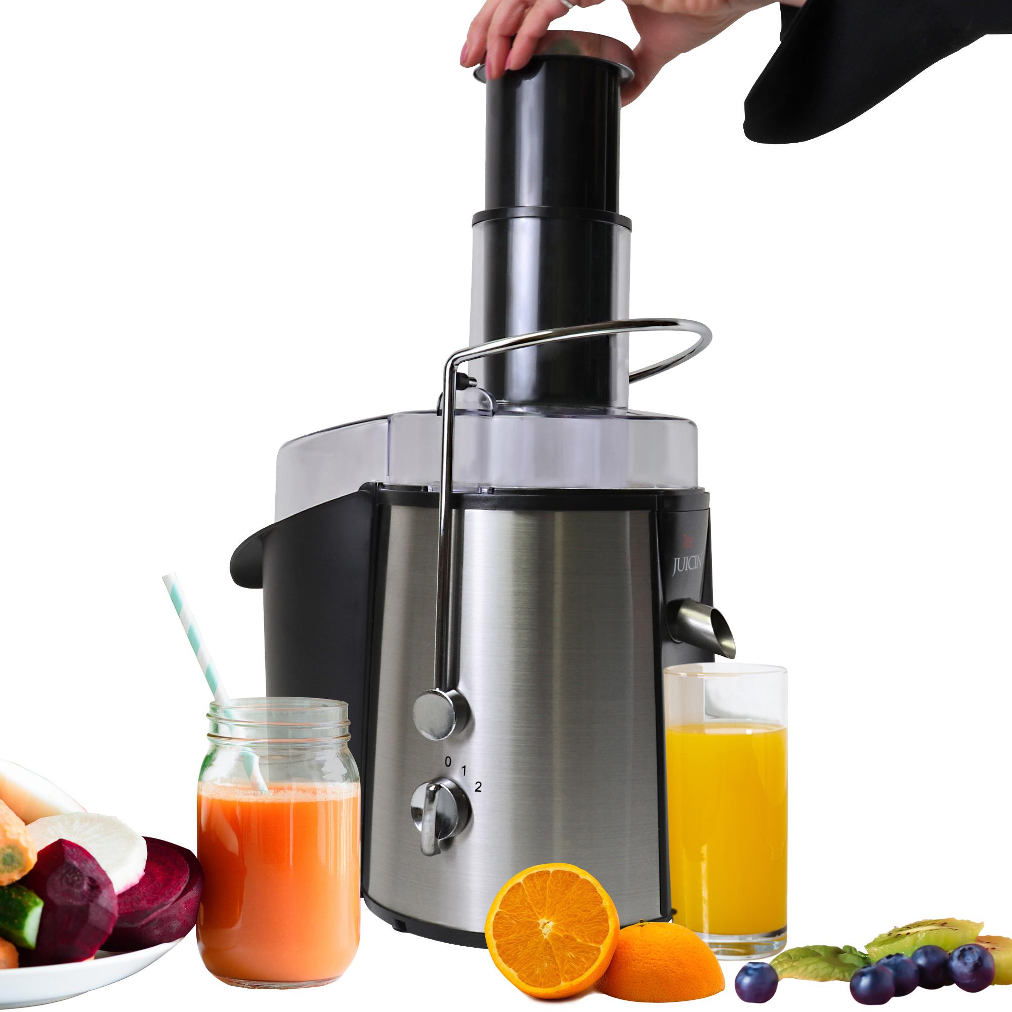 Extractor de jugo Koolatron Total Chef con soporte para jarra de vidrio y bandeja de pulpa removible (acero inoxidable y negro) KMJ-01