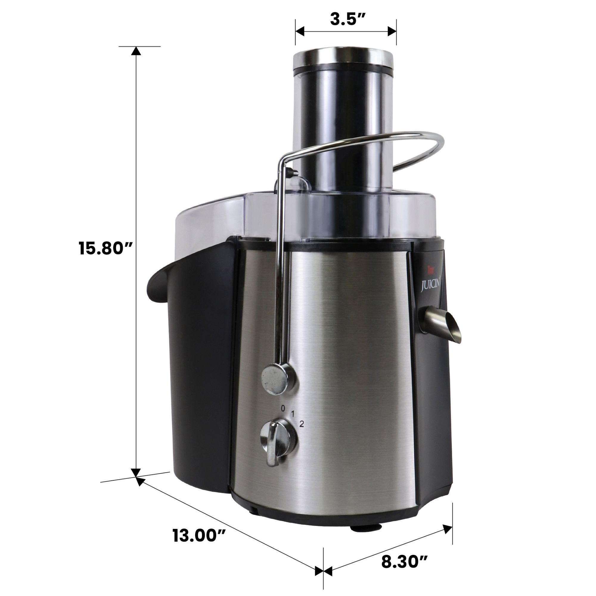 Extractor de jugo Koolatron Total Chef con soporte para jarra de vidrio y bandeja de pulpa removible (acero inoxidable y negro) KMJ-01