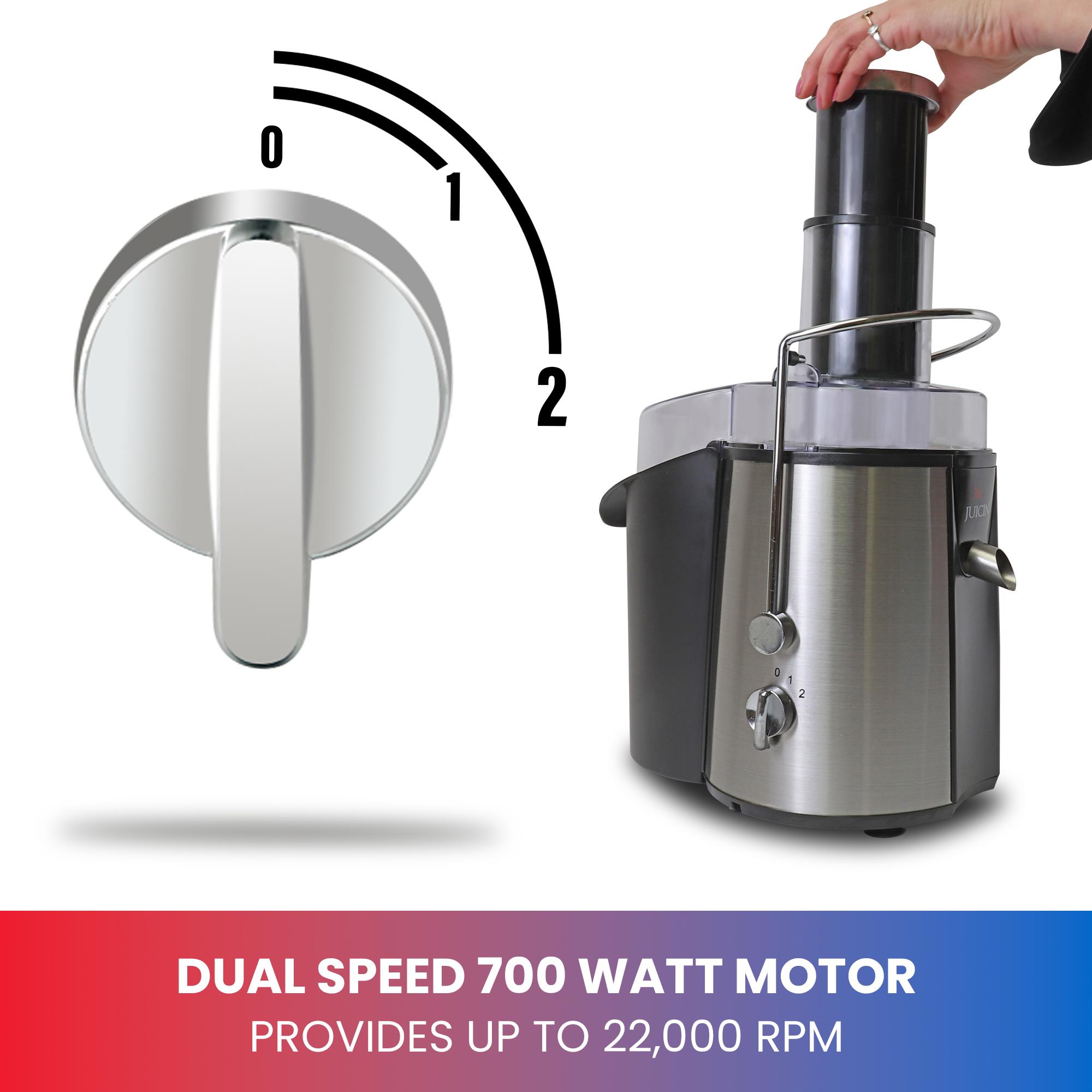 Extractor de jugo Koolatron Total Chef con soporte para jarra de vidrio y bandeja de pulpa removible (acero inoxidable y negro) KMJ-01