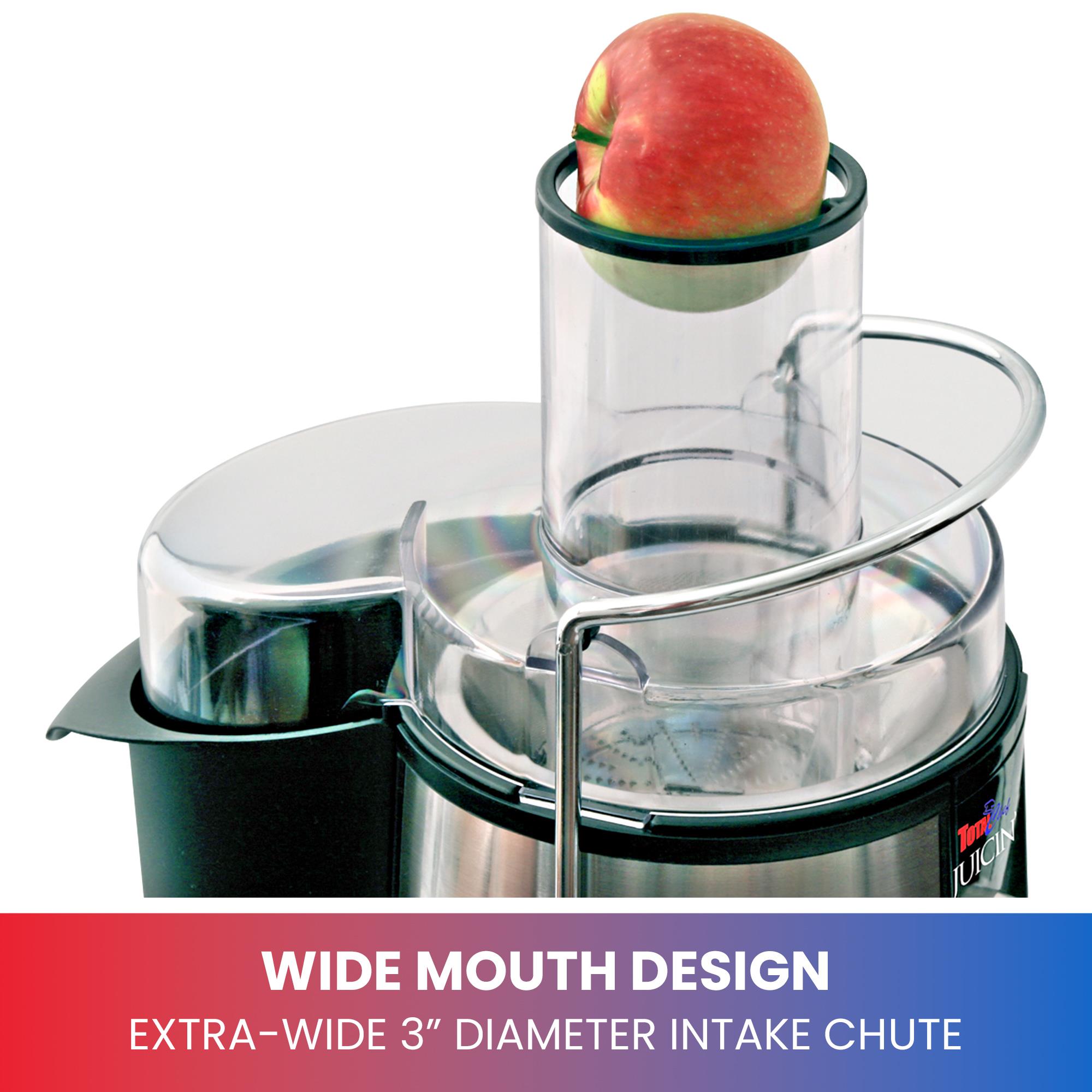 Extractor de jugo Koolatron Total Chef con soporte para jarra de vidrio y bandeja de pulpa removible (acero inoxidable y negro) KMJ-01