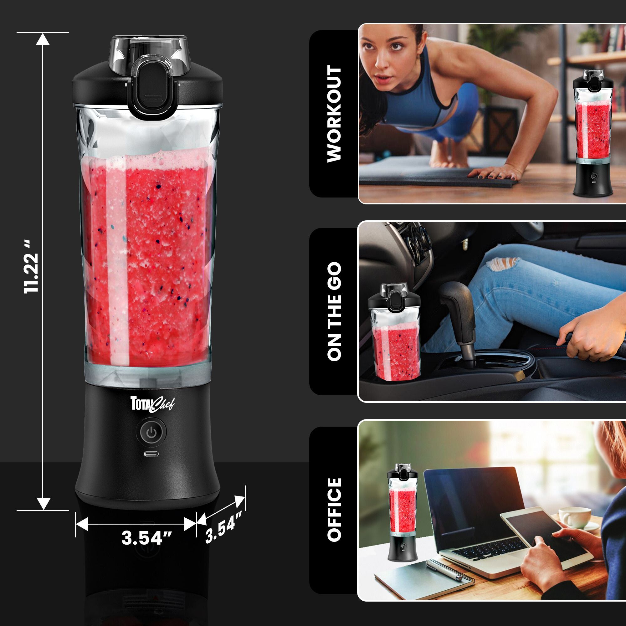 Licuadora personal portátil de 20 oz recargable por USB Total Chef de Koolatron (negro)
