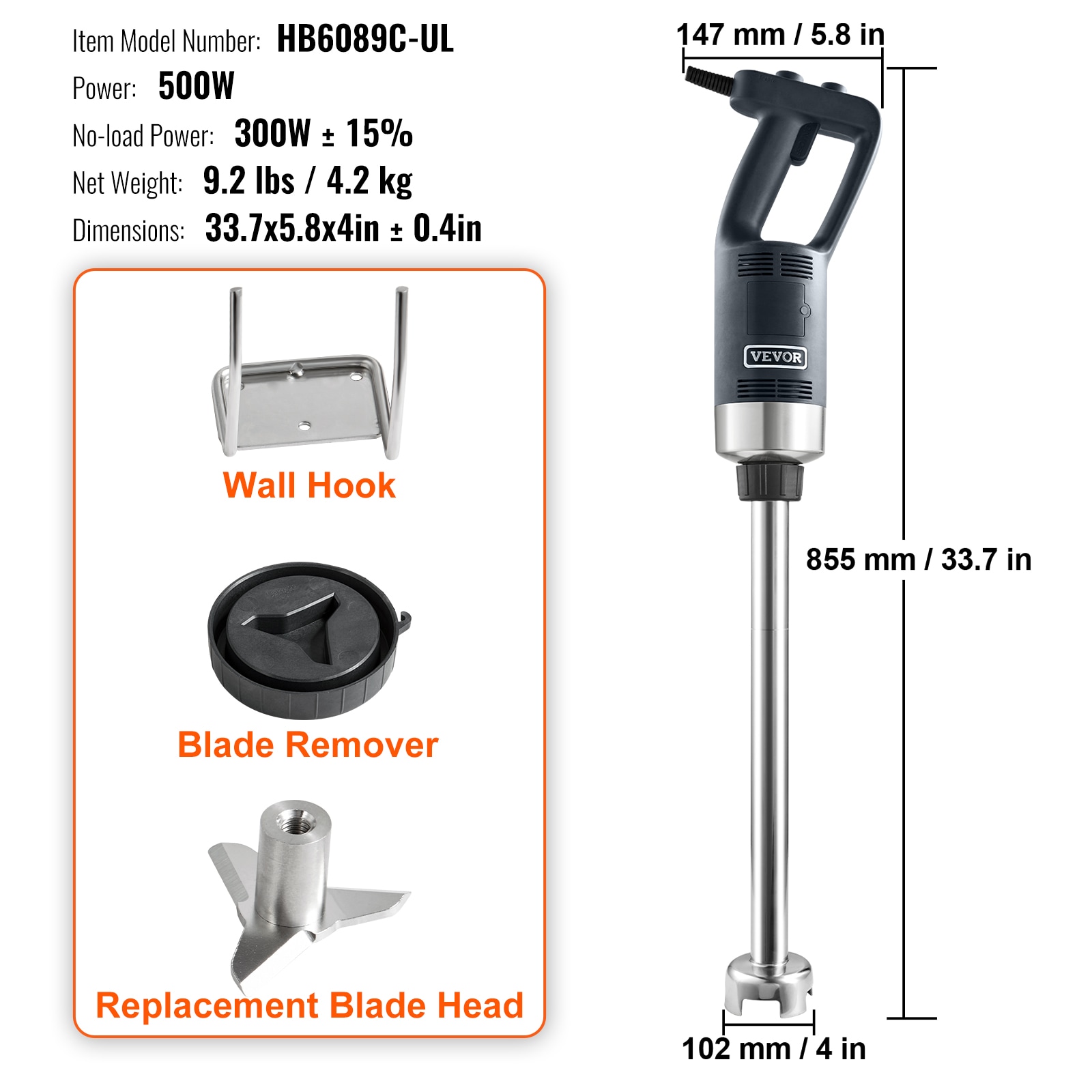 Mezcladora de alta resistencia de 500W y 19.7", 18000 velocidades, batidora de inmersión de 500 watts (cuchilla de acero inoxidable)