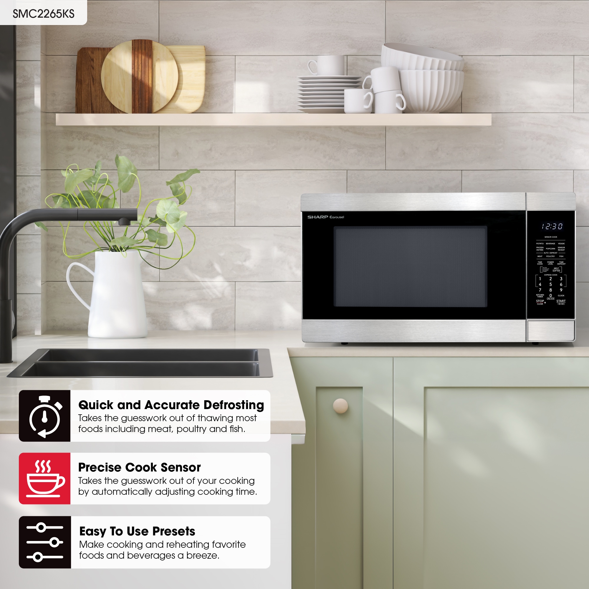 Horno de Microondas de Encimera de Acero Inoxidable de Gran Capacidad de 2.2 pies cúbicos (más de 1.5 pies cúbicos) y 1200 watts con Controles de Cocina con Sensor Sharp SMC2265KS